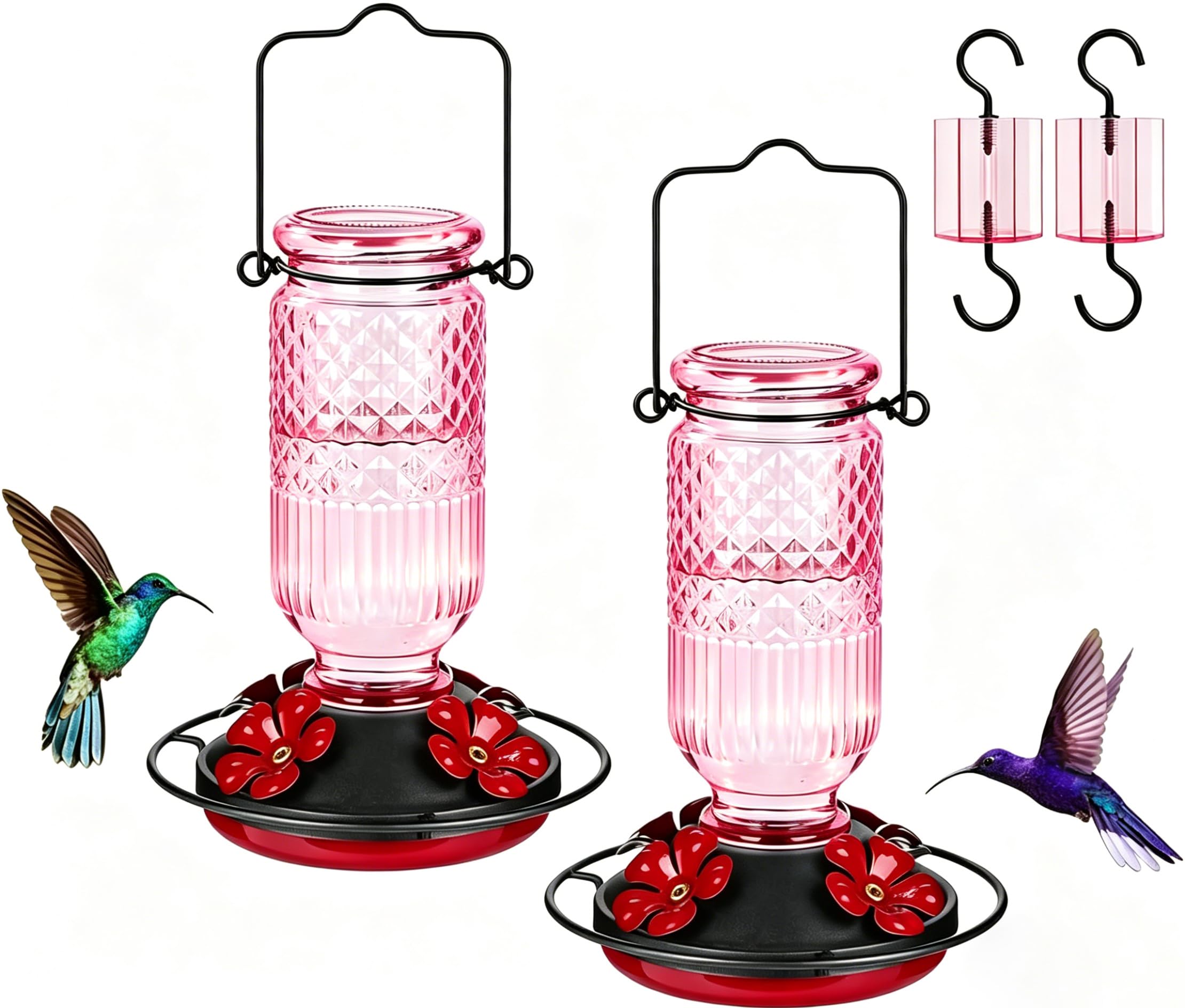 FEED GARDEN Glass Hummingbird Feeder for Outdoors Hanging, 16 OZ Humming Bird Feeders with 4 Bee Guard Feeding Ports &amp; Built-in Ant Moat, Hummingbird Gifts for Mom Bird Feeder for Outside, Pink,2 Pack