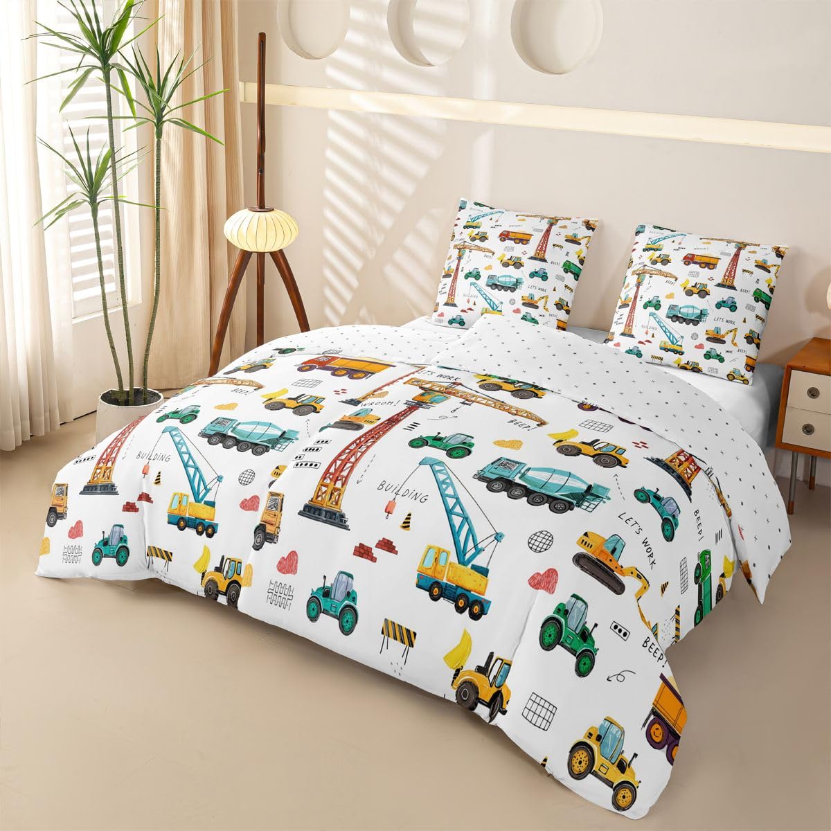 Homewish Cartoon Bagger Jungen Bettwäsche 135x200 4teilig Mikrofaser | Traktoren Maschinen LKWs 2 Kissenbezüge Baumaschinen Kinder 2 Bettbezüge Gelb Grün Baustellen Fahrzeugen Bedding Weich