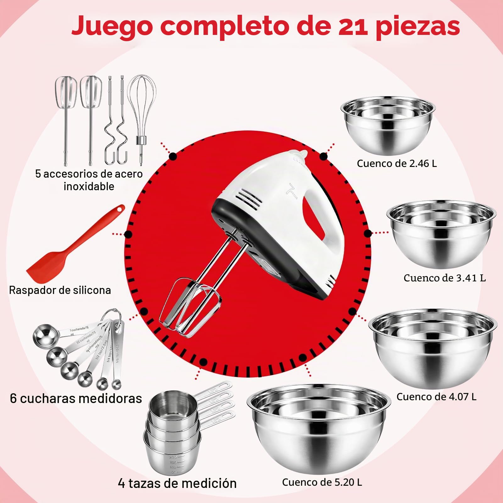 Leaflai Batidora eléctrica de mano con 7 velocidades, varillas eléctricas, 4 cuencos grandes, cuencos insertables de acero inoxidable, vasos medidores, cucharas y varillas Turbo Boost para la cocina