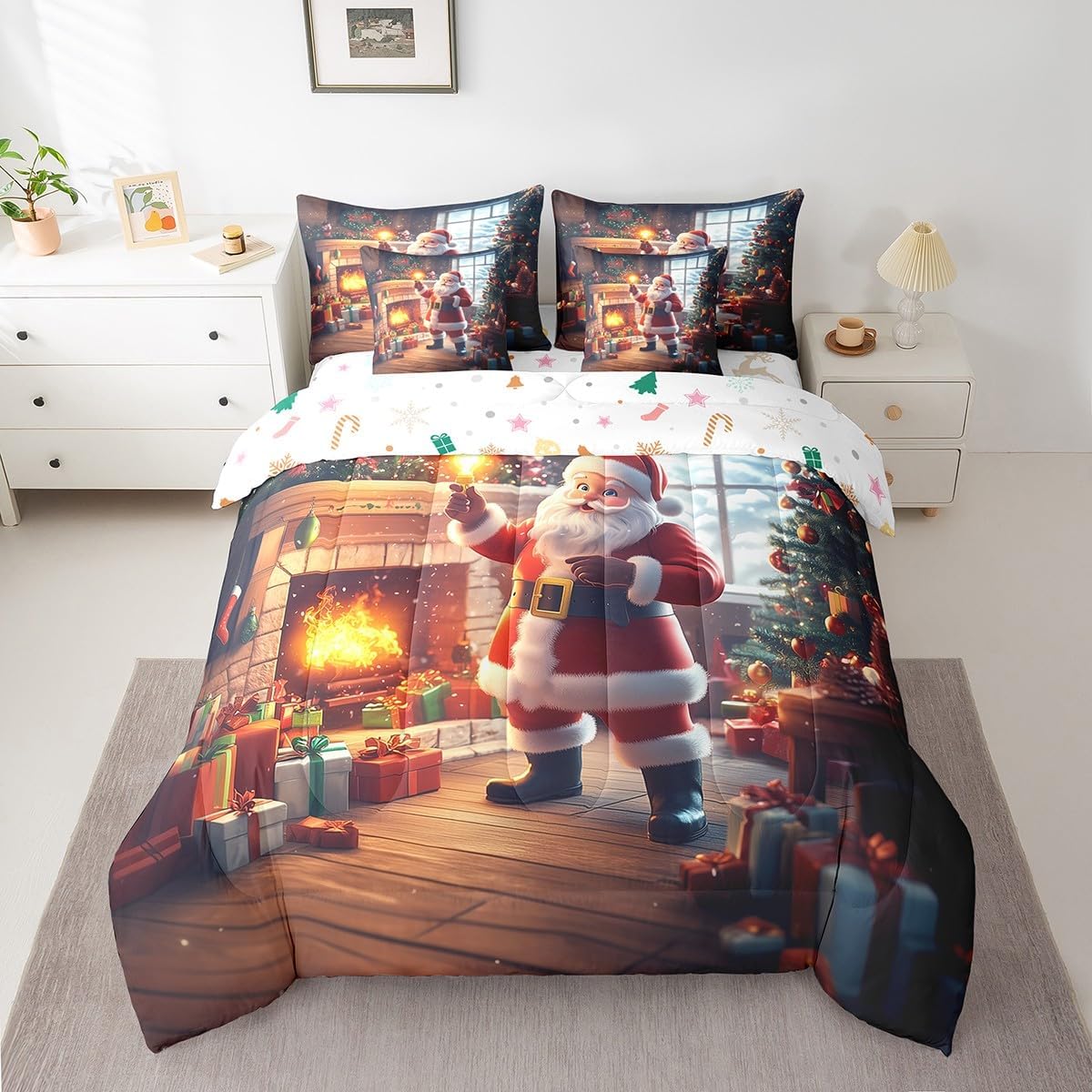 3D Santa Claus Bedding Set 7 Pcs Jungle Winter Farmhouse Decor Rustic Style Comforter Set for Kids Teens Adults All Season (Comforter Flat Sheet Fitted Sheet 2 Pillowcases 2 Throw Pillow Covers) Queen