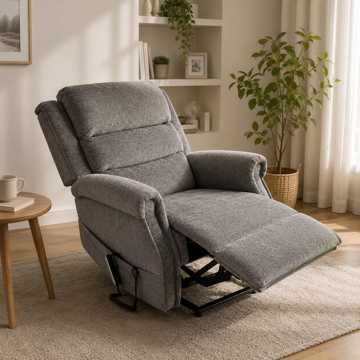 PLUS SANTE – Fauteuil releveur électrique Oslo | 1-2 Moteurs indépendants Dossier & Repose-Jambes, Fonction Relaxation, Mousse Haute densité | 90×94×110 cm | 48 kg (Gris/Tissu, 2 Moteurs)