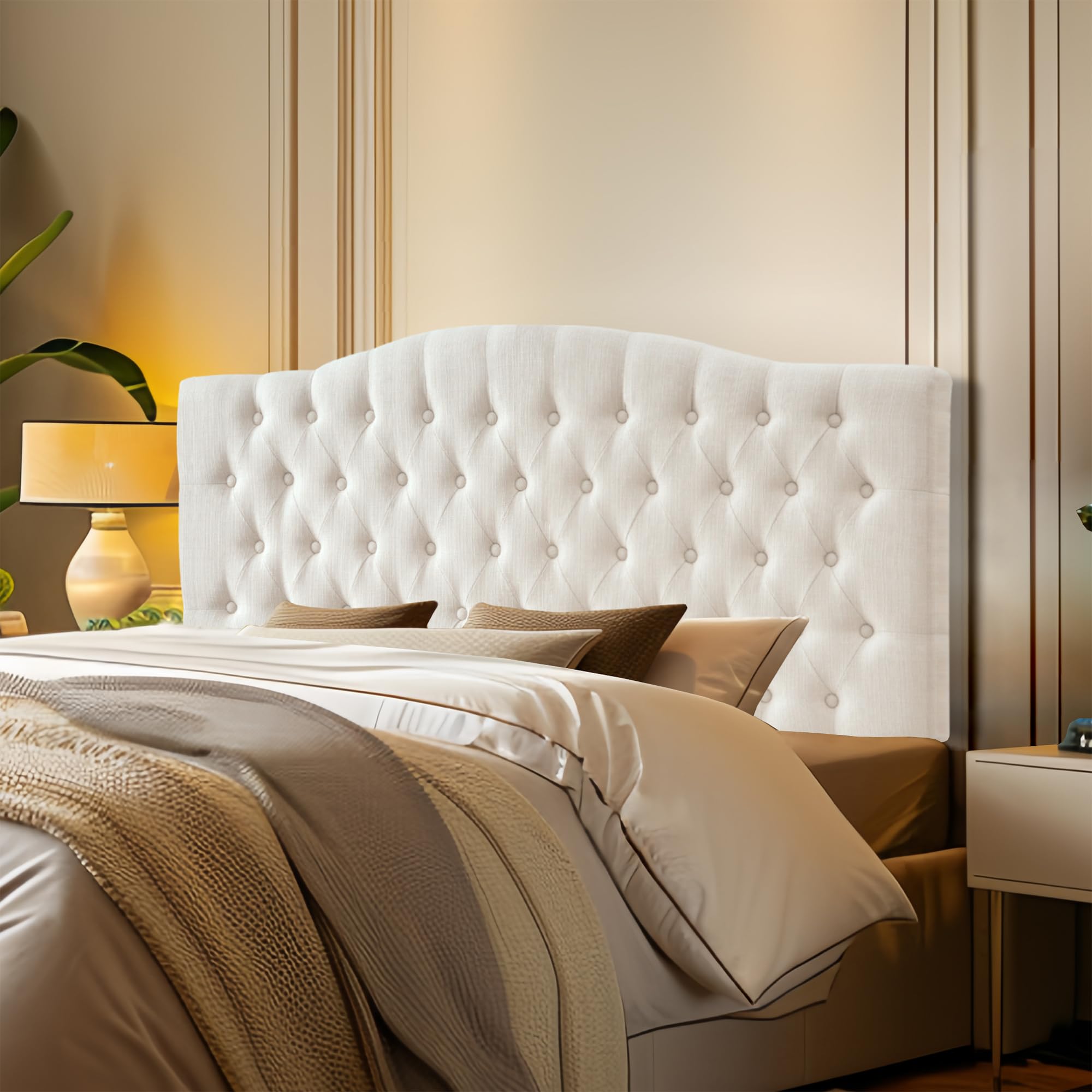Linen Upholstered Headboard Queen/Full Size Bed Tufted Button Headboard, Featuring High-Density Sponge Padding, Luxury Texture Easy Assembly Comfort and Style-Ivory