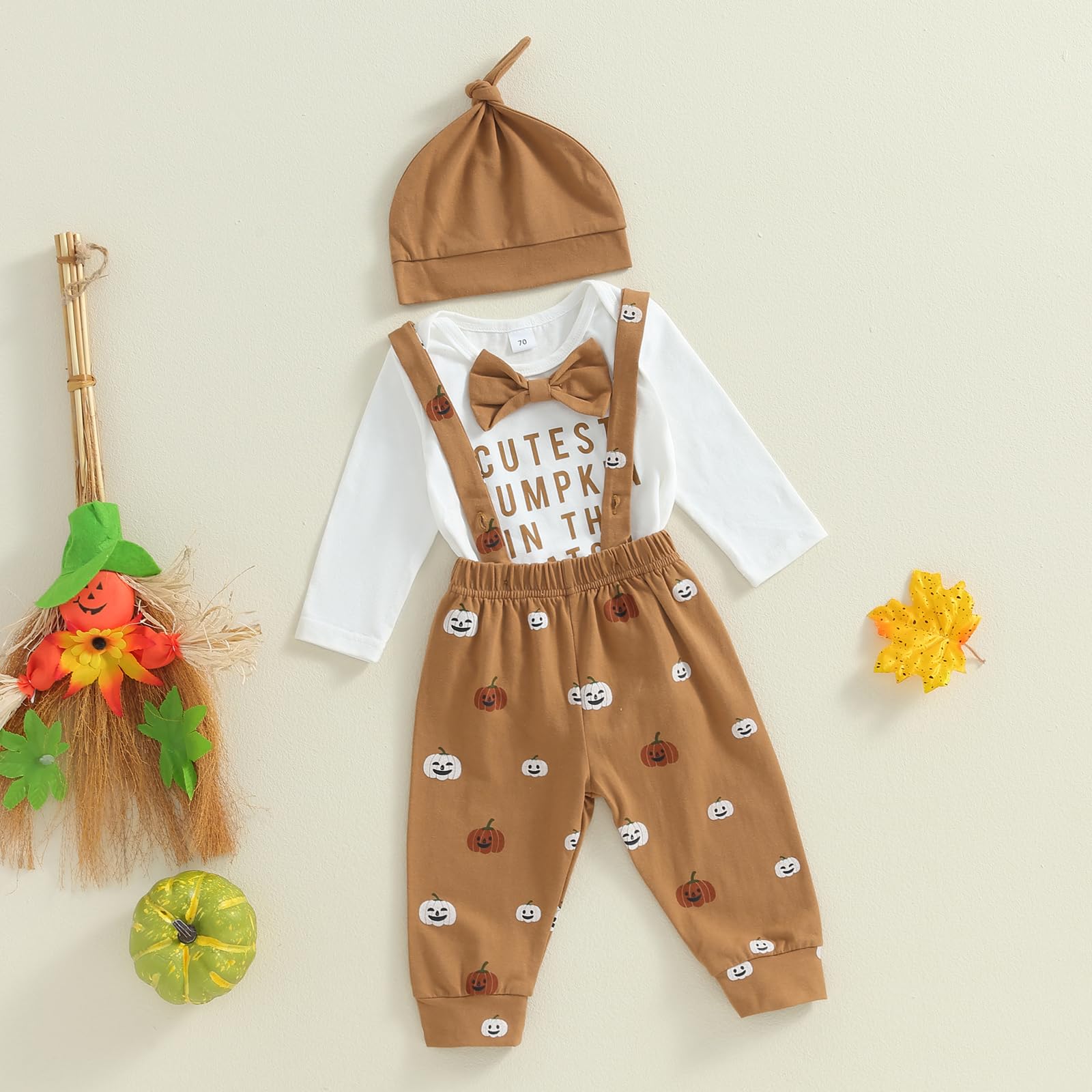 Lenjindjer Newborn Baby Boy Halloween Outfit Letter Print Long Sleeve Gentleman Romper Suspender Pants Hat 3pcs Fall Clothes (Khaki, 0-3 Months)