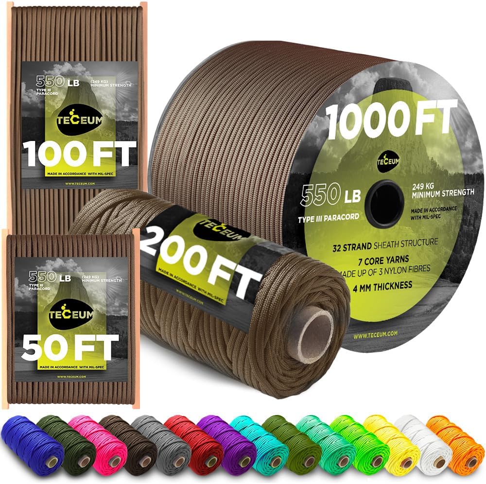 TECEUM 5/32" Paracord Rope 1000 โ 1000ft / 200ft / 100ft / 50ft โ Tactical Parachute Cord 4mm โ 45+ Colors โ Nylon String for Survival & Camping Gear โ Stripe Cord for Survival โ Utility Rope