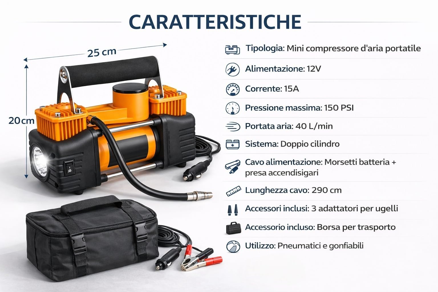 Mini Compressore Aria Portatile 12V 150 PSI Doppio Cilindro con Manometro e Tubo d'Aria Gonfiatore Pneumatici Auto SUV Camper 40L/min con Morsetti Batteria e Accendisigari + Borsa