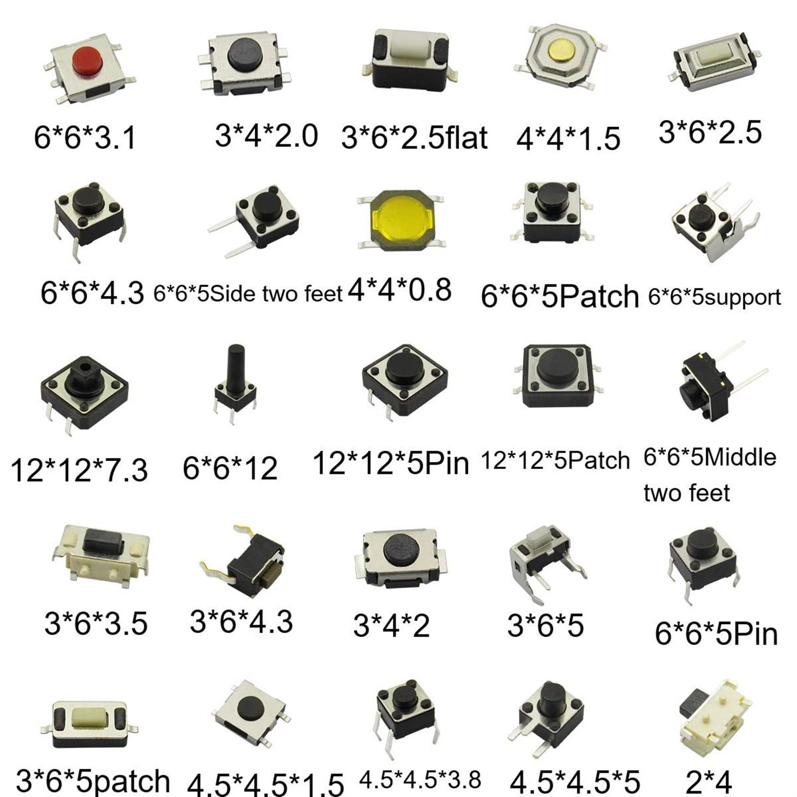 250 Stück 25-Typ-Mikroschalter, Verschiedene Drucktasten-Taktschalter, Reset-Mini-Blattschalter, SMD, DIP, 2 x 4, 3 x 6, 4 x 4, 6 x 6, DIY-Mix-Box-Set