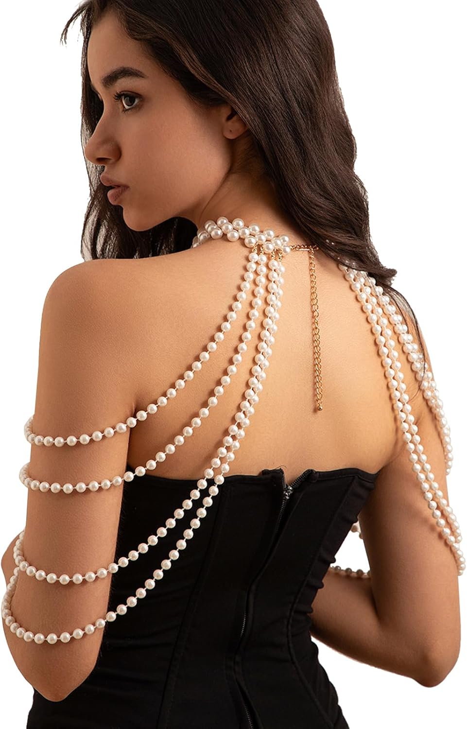 Elegant Pearl Body Chain Bra Bikini Beads Lingerie Chain Necklace Trendy Shoulder Body Chain Jewelry Festival Rave Arm Chain for Women, Medium, White - Image 5