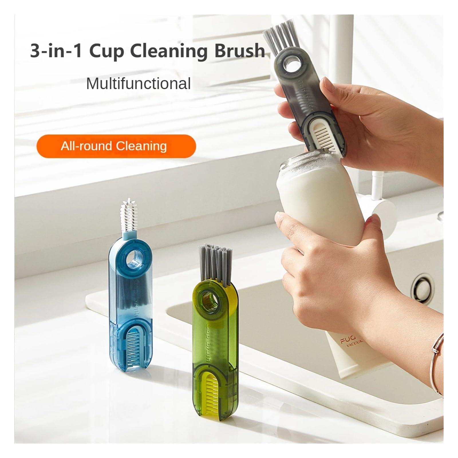 Cepillo de Limpieza Multifuncional 3 en 1 en Forma de U for Tapas de Tazas, termos y Tapones de Botellas.(Blue,3pcs)