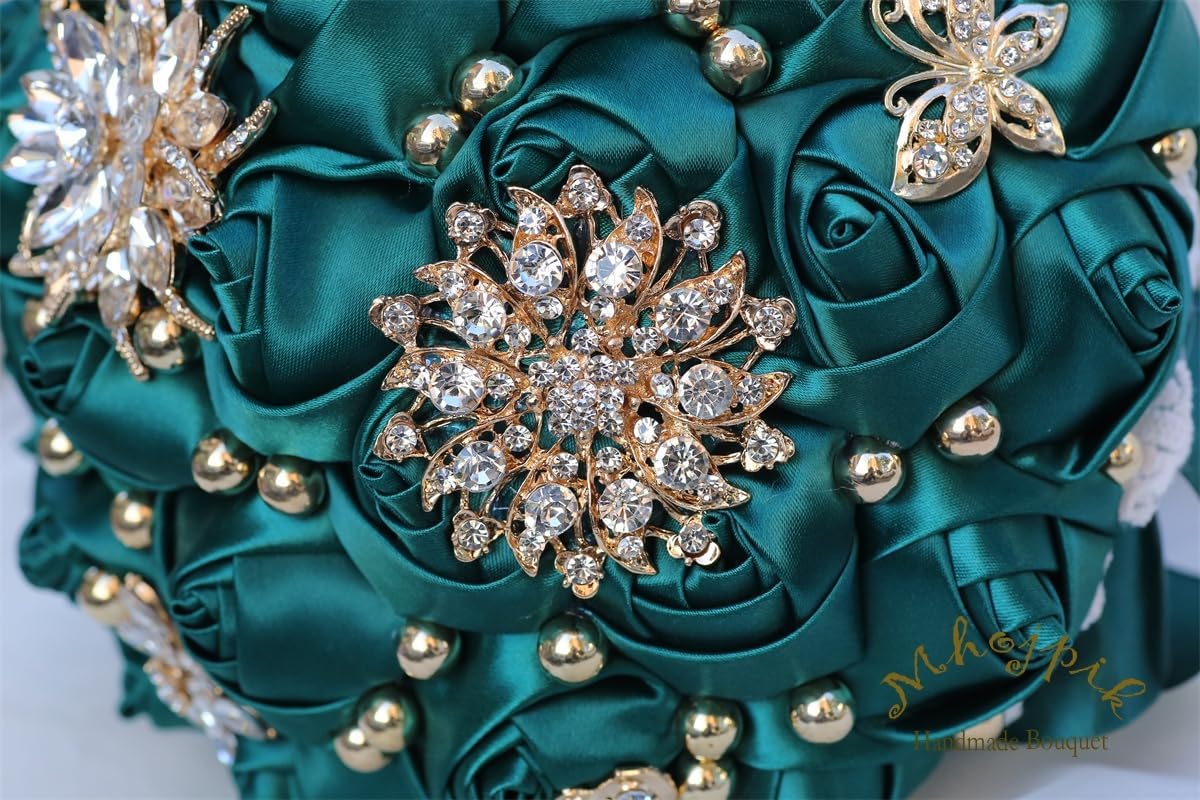 Bridal Wedding Bouquet Round Holding Bouquet Throw Toss Artificial Rose Flower Bunch for Bride Bridesmaid Wedding Quinceanera(Dark Green, 7.1")