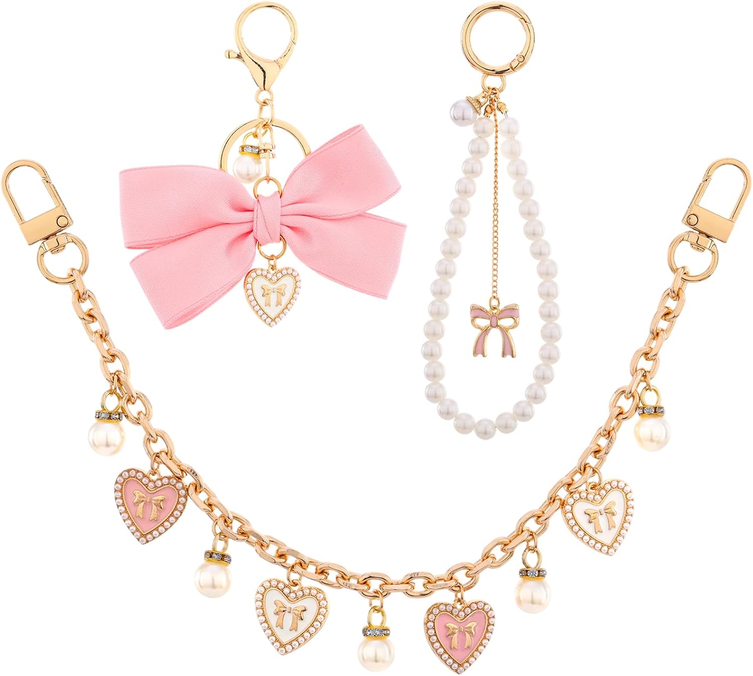 3Pcs Heart Pearl Purse Extender Chain - Gold Replacement Bag Charm with Enamel Flower, Pink Bow Peal Keychain for Women Crossbody Handbags Purses Making Accessories