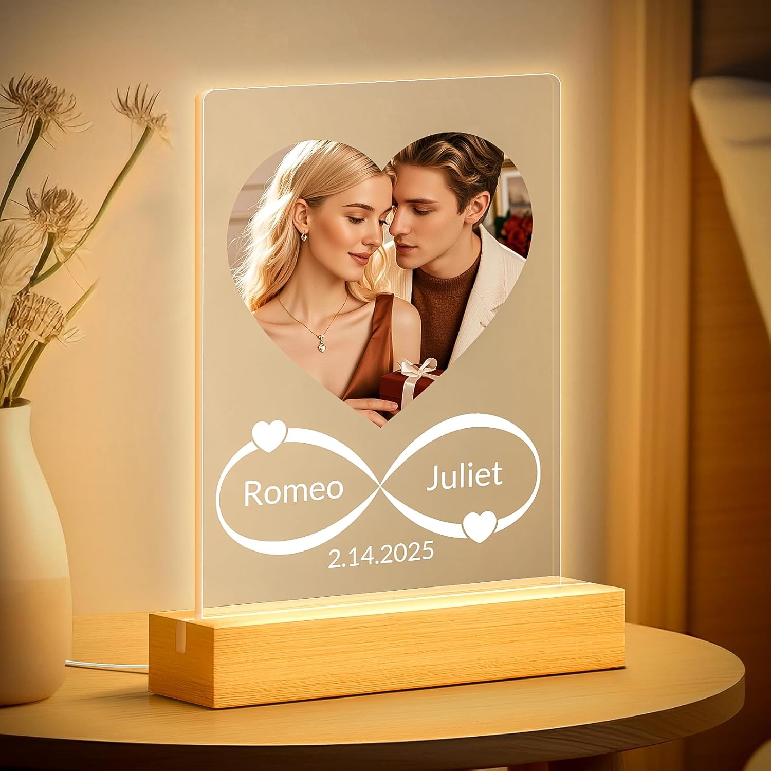 Personalized Photo Frame with Night Light, Custom Picture Frames with Photo, Customized Picture Frame, Personalized Anniversary Birthday Gifts for Women Men Her Him Girlfriend Boyfriend Couple
