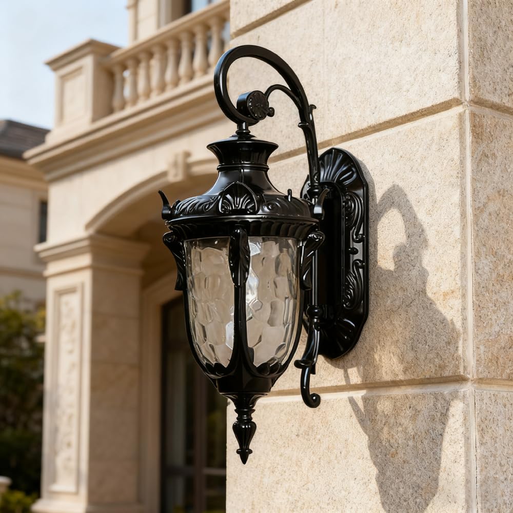 YHYAI European Retro Outdoor Wall Light, Vintage Black Cast Aluminum with Textured Glass Shade Lantern for Porch/Courtyard/Garden Exterior Wall Sconce Lamp​(BD-23)