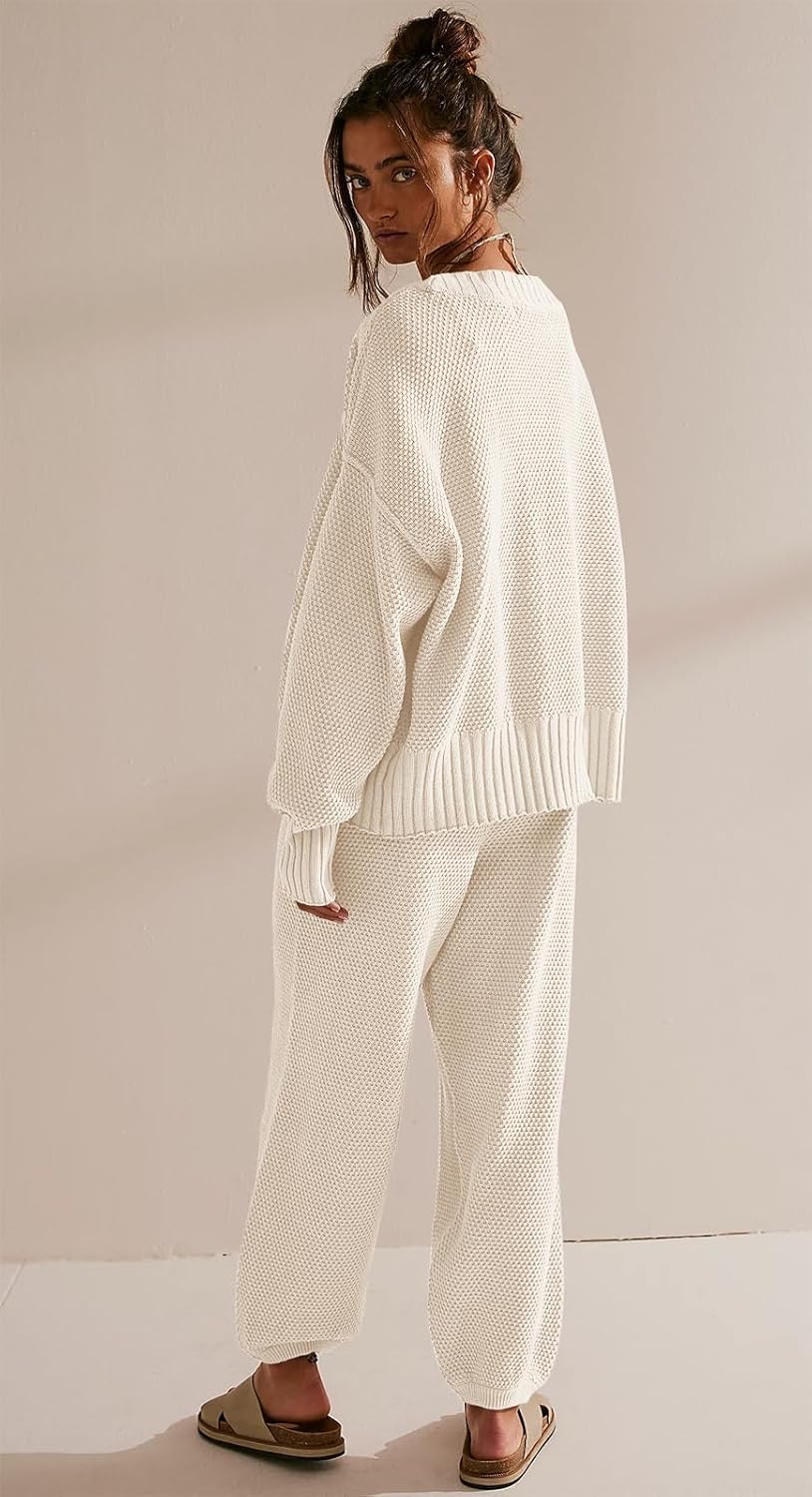 SAUKOLE Womens Two Piece Outfits Knit Sweater Sets Oversized Button Down Cardigan and Long Pants Matching Lounge Set - Image 4