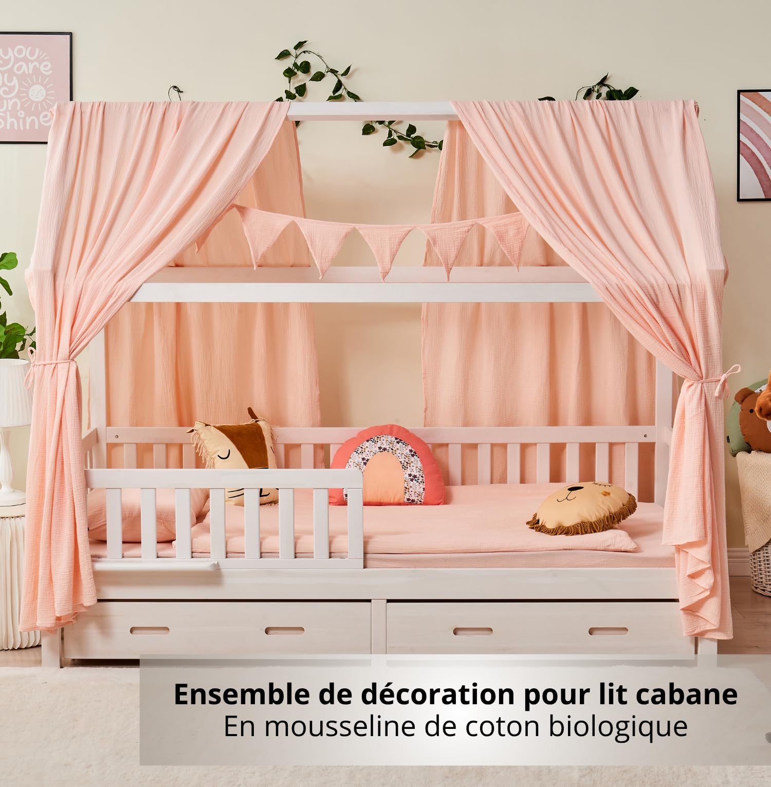 ALAVYA HOME® Ensemble de décoration pour lit Maison en 3 pièces avec 2 ciels de lit | 1 Guirlande de fanions de 300 cm de Long pour lit d'enfant | 100% Coton Muslin Biologique | Rose Clair