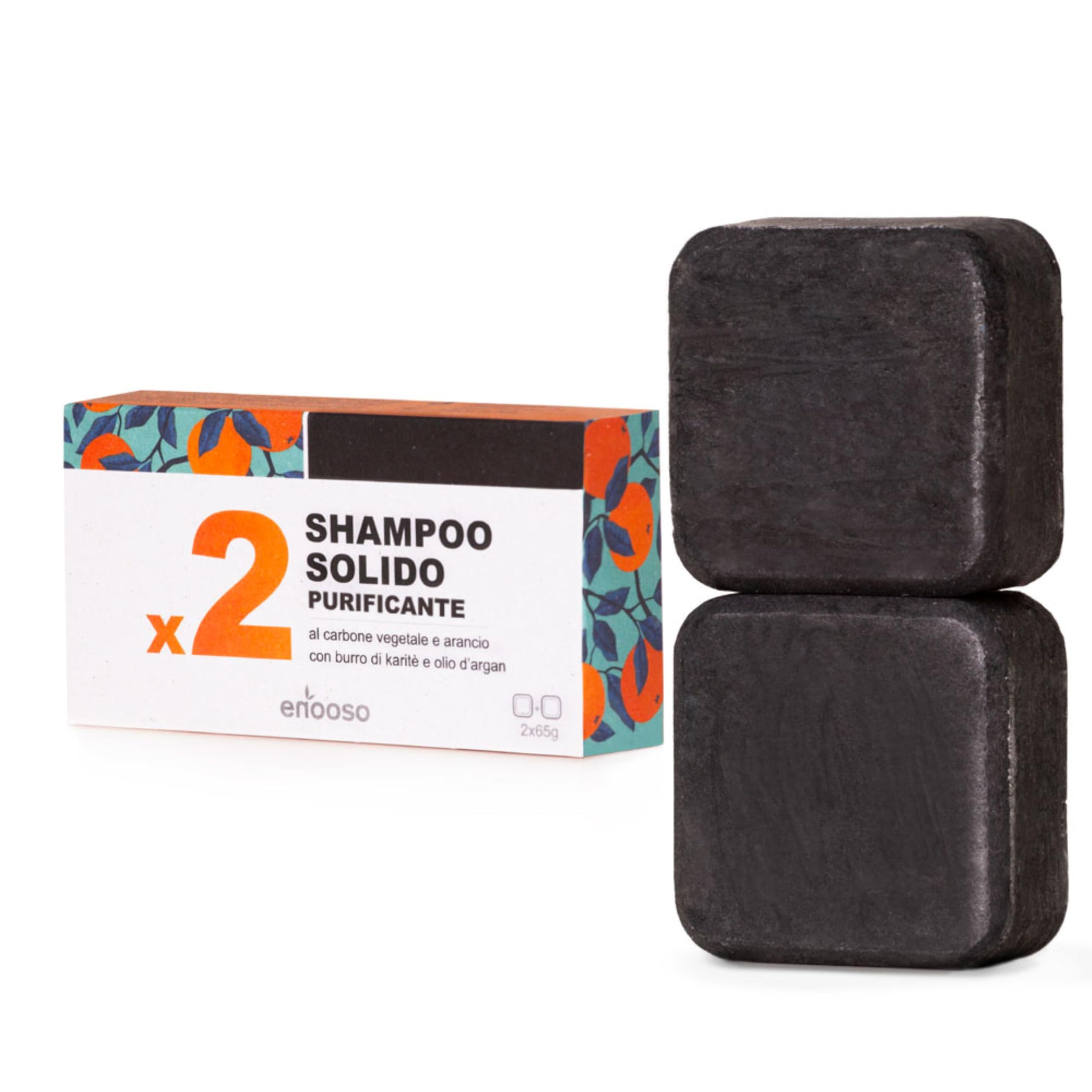 Enooso - Shampoo Solido Capelli Grassi Purificante e Antiforfora al Carbone Vegetale 130 g - 100% Naturale Artigianale bio Vegano - Made in Italy 2 unità (Confezione da 1)