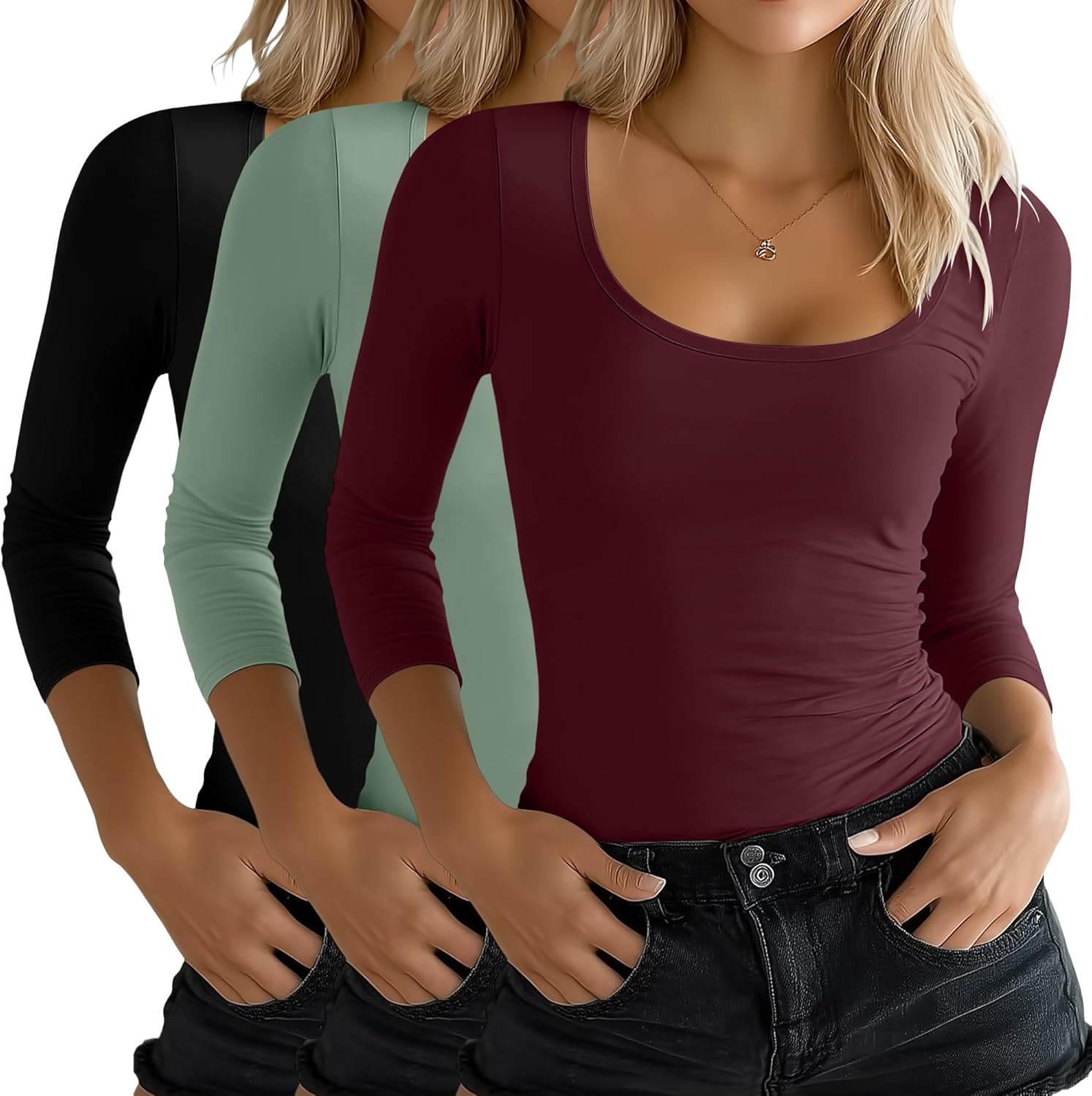 Ficerd 3 Pack Women's 3/4 Sleeve Shirts, Scoop Neck Slim Fit Tops Soft U Neck Knit Fitted Basic Tees Blouses
