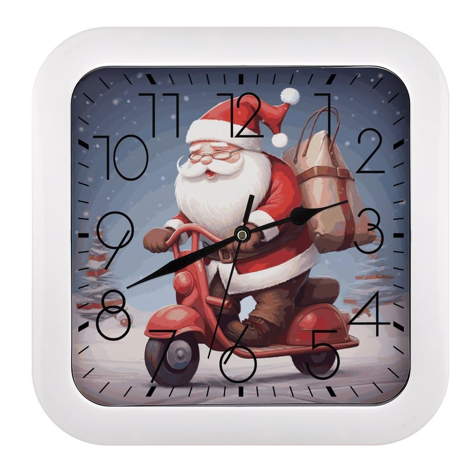 LDGSUPH Santa Claus on Scooter Wall Clock Silent Non-Ticking Modern Clock Personalized Vintage Square Clocks for Travel Office Kitchen Home Decorative Clocks 10.2 Inch