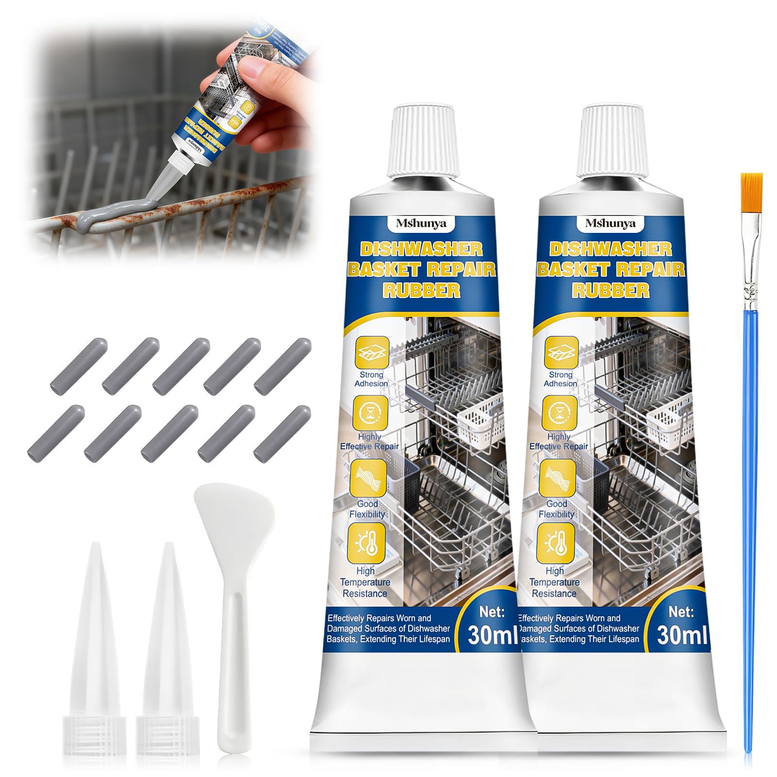 2 oz Dishwasher Rack Repair Coating, Grey Dishwasher Rack Repair Kit with Ten Rubber Sleeves, Insulation and Waterproof, High and Low Temperature Resistant - 1