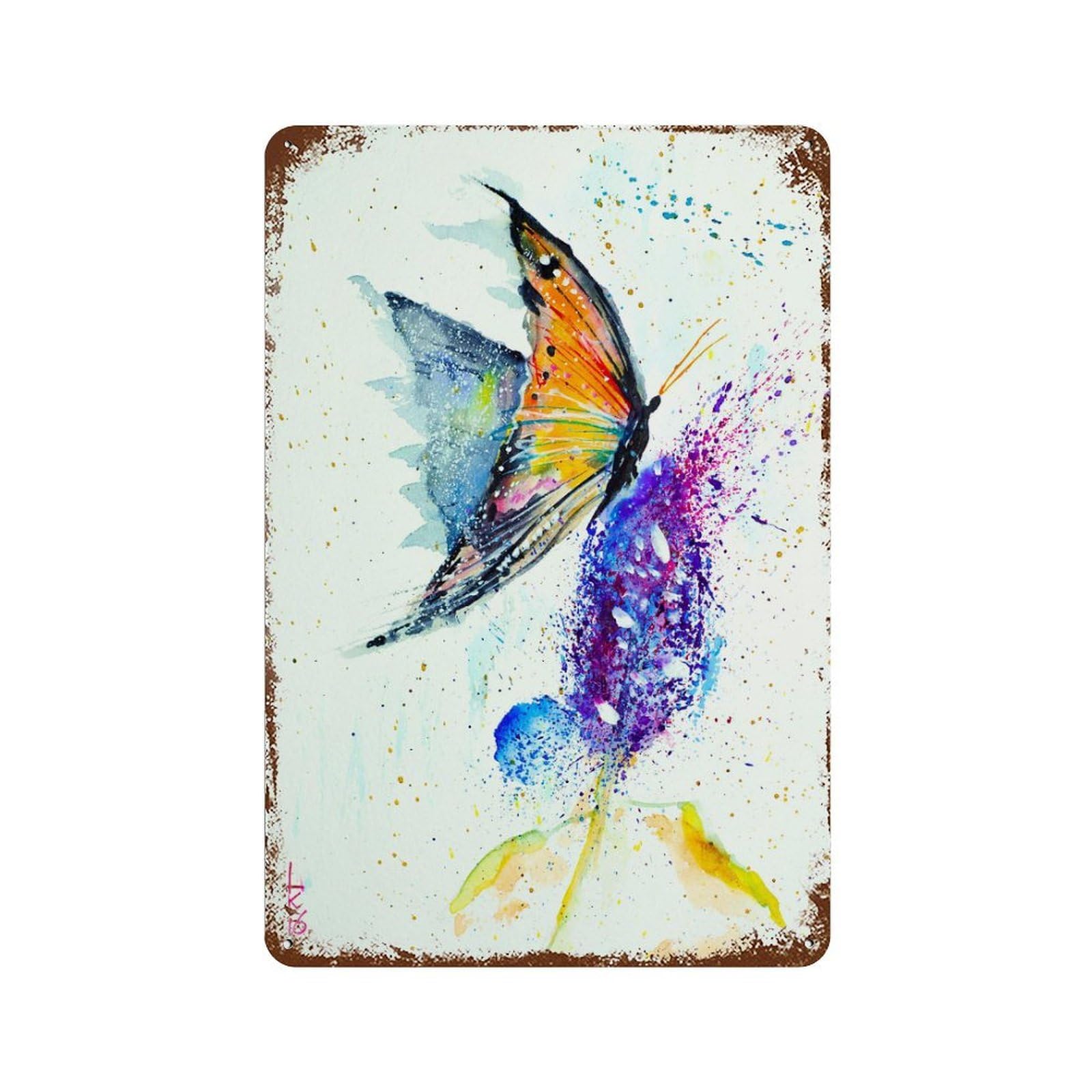 Butterfly on Flower Distressed Metal Wall Sign 11.8"x7.9", Rustic Home Decor for Living Room, Hallway And Home Decor