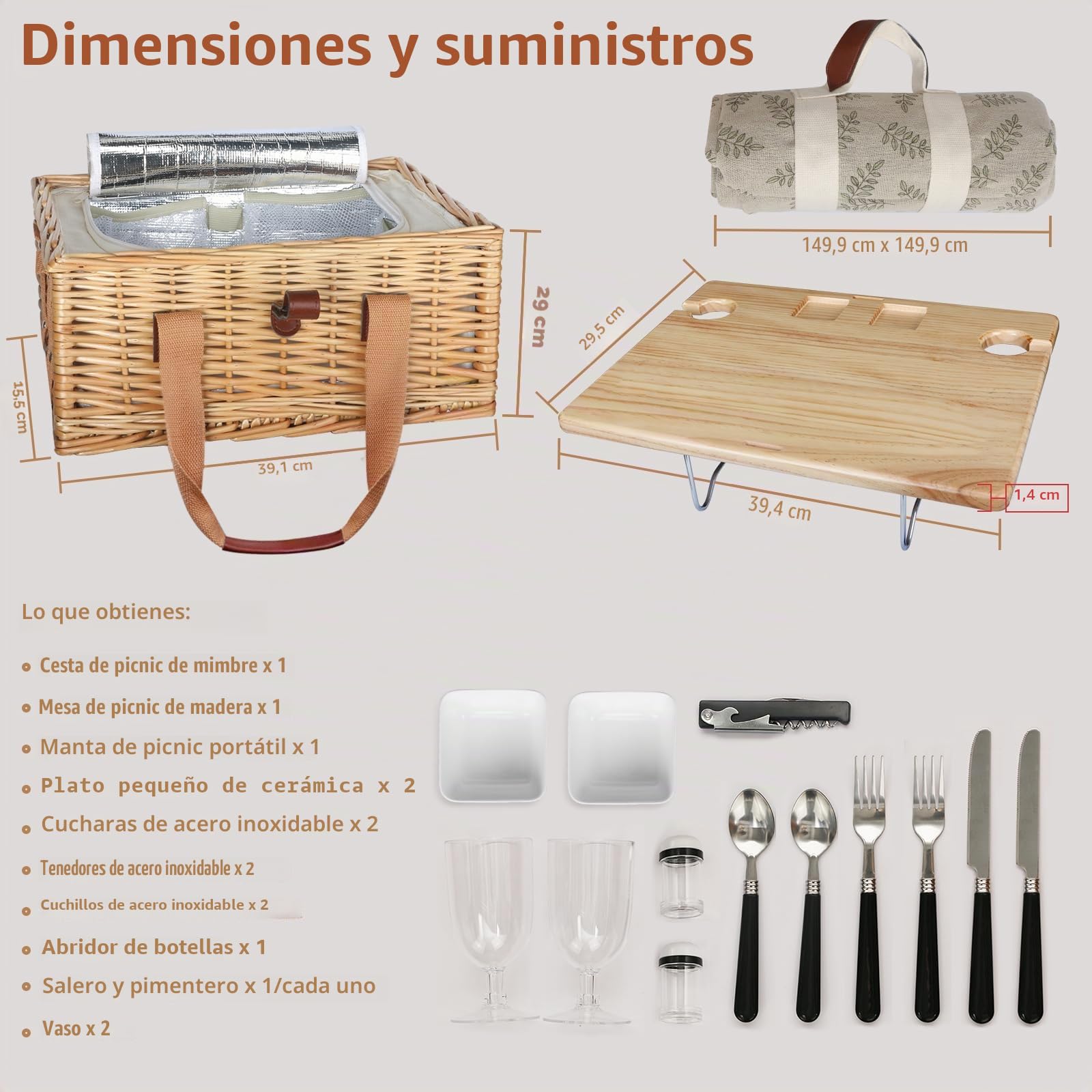 Hap Tim Cesta de picnic de mimbre para 2 personas con mini mesa plegable de picnic de vino y bolsa térmica grande aislada y kits de servicio de cubiertos para 2 personas, regalos para parejas, regalos