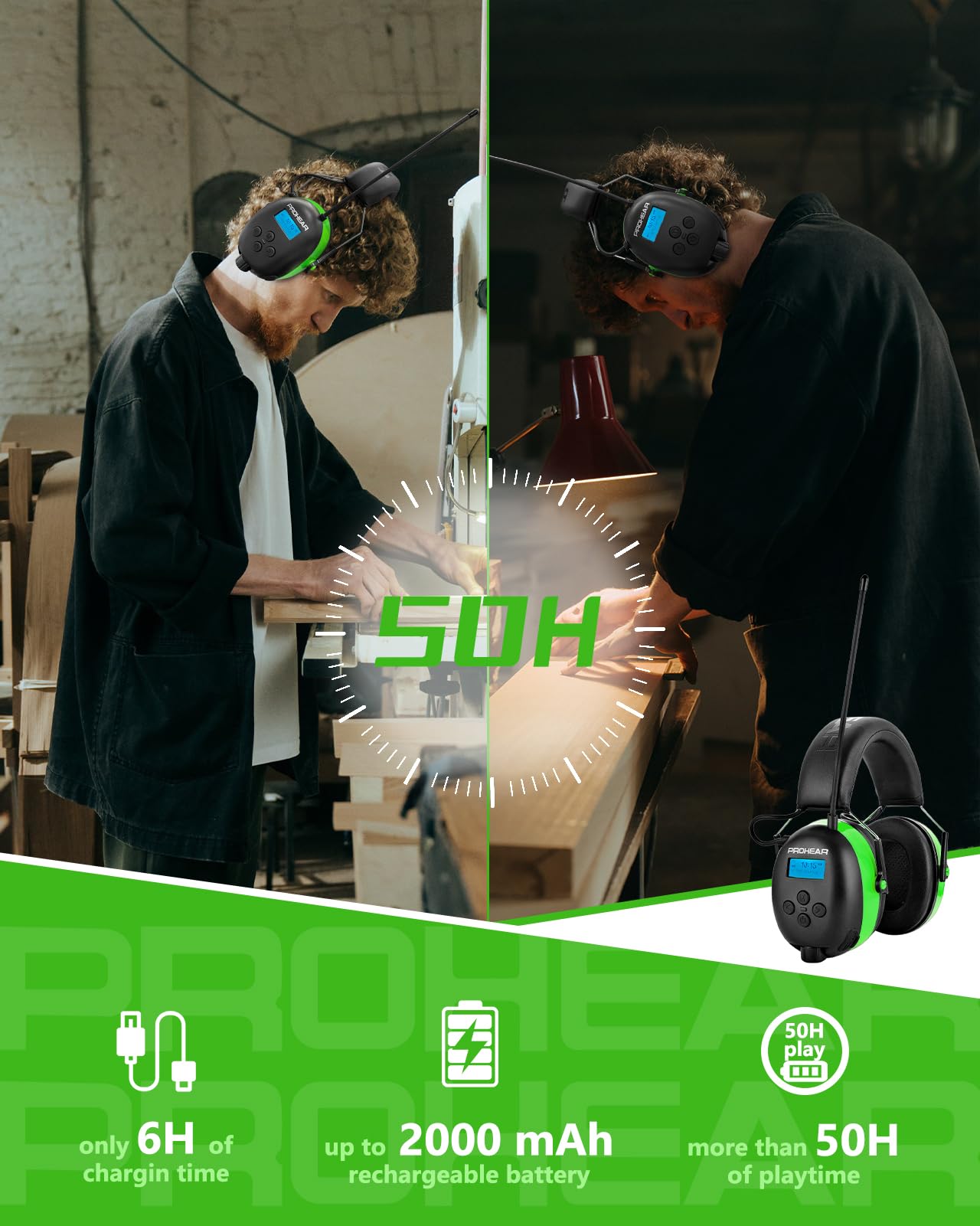 PROHEAR 033A (mejorado) Protección auditiva con radio DAB +/Bluetooth/FM, auriculares con radio con micrófono integrado y reducción de ruido, SNR 31dB con para cortar y taller, tala - verde