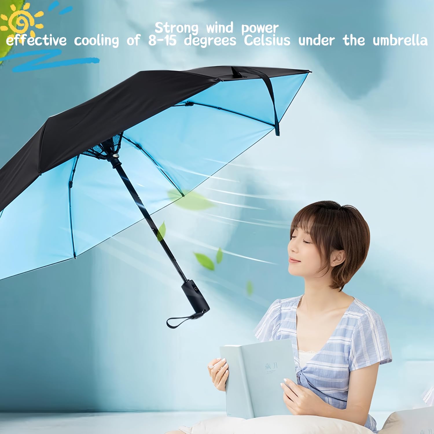 2-in-1 USB Rechargeable Cooling Umbrella with Built-In Fan | UV Sun Protection & Portable Design for Outdoor Activities