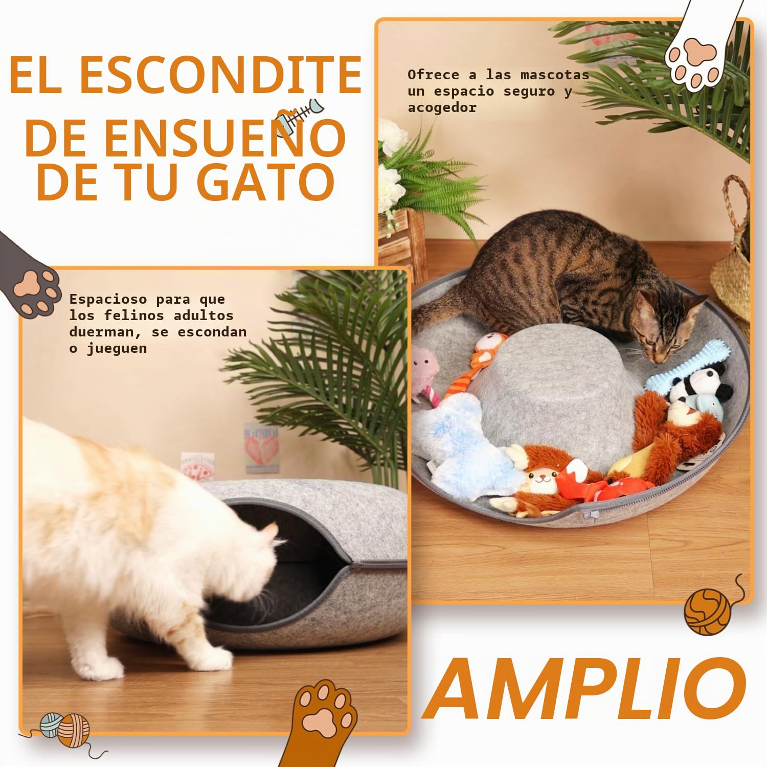 Nobleza Túnel para Gatos de Fieltro, Cama para Gato Extraíble con Cremallera, Casa para Gatos Interior, Apta para Gatos Medianos y Grandes de hasta 13 kg, 60×60×26cm, Gris