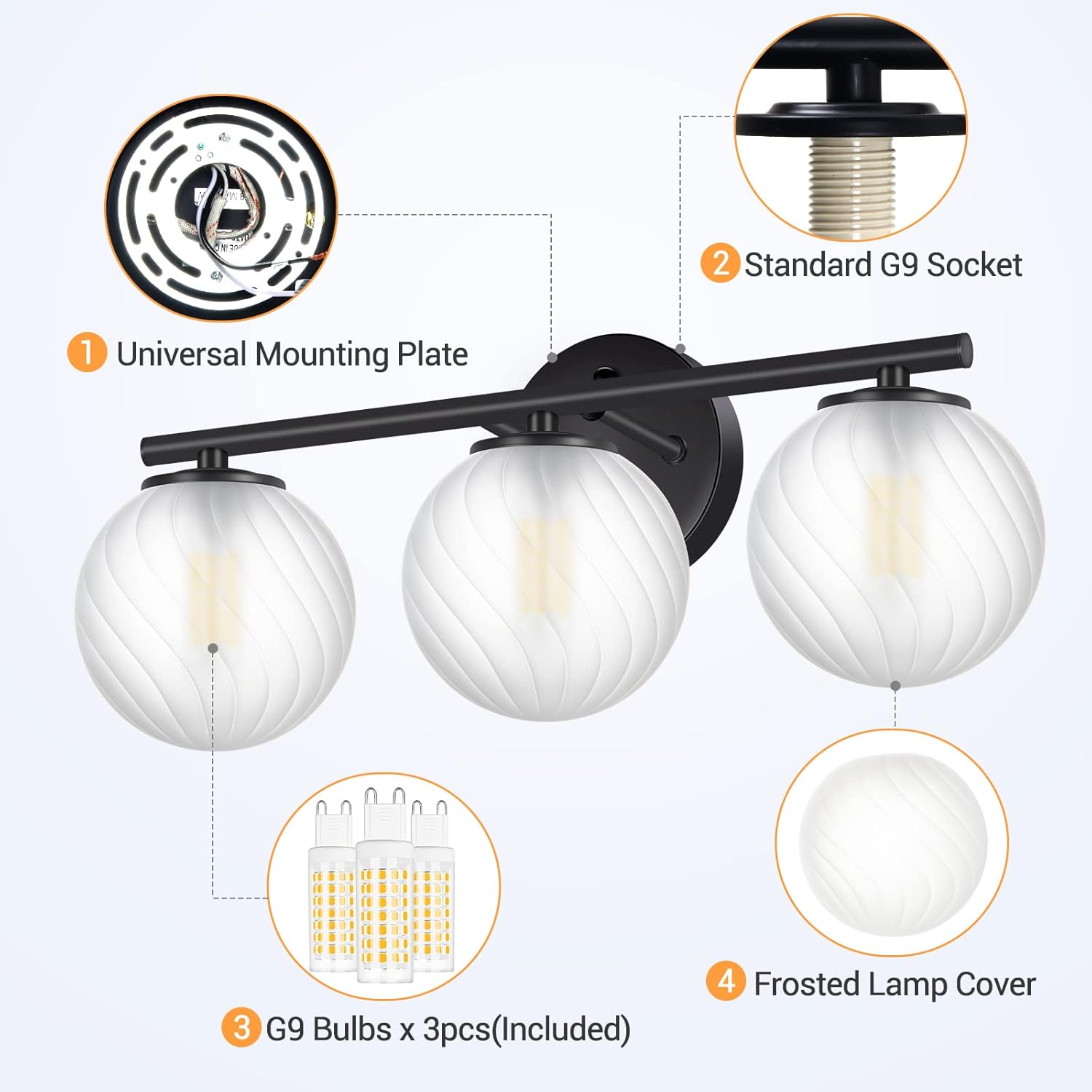3-Light Bathroom Light Fixtures, Anti-Glare Vanity Lights, Matte Black Wall Sconces with Frosted Glass Shade, 3x60W High Bright Bulbs Included for Bathroom, Living Room, Bedroom, Hallway(G9 Base)
