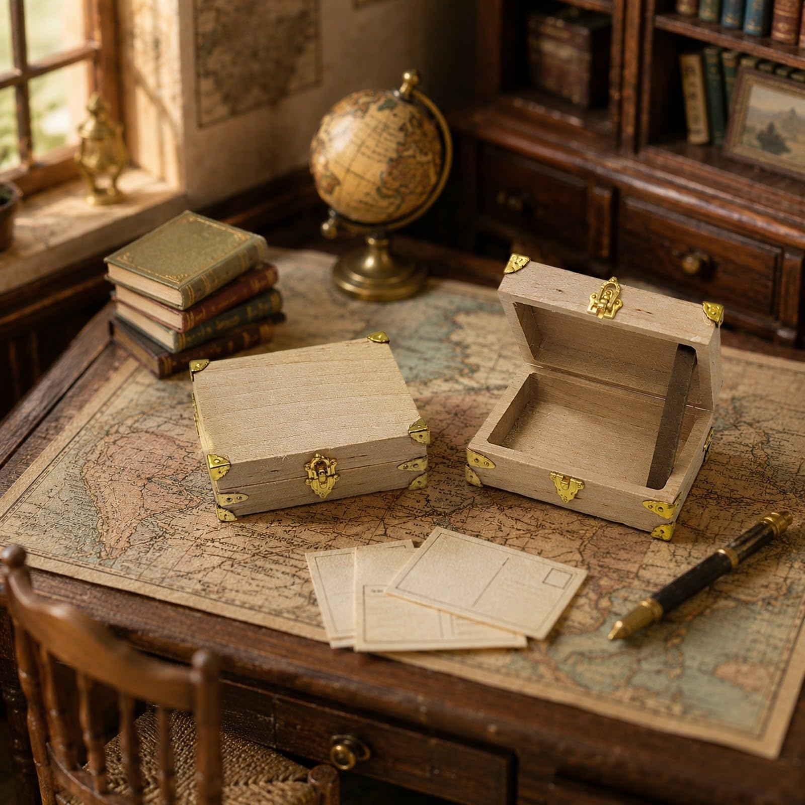 LOGOFUN 5PCS Dollhouse Miniatura Vintage Valigia In Legno Apribile Tronco Da Viaggio con Serratura In Metallo Piccolo Retro Storage Box per Viaggio Scena Accessori