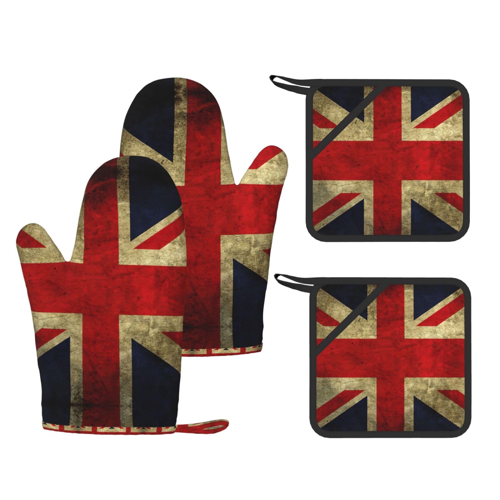 British Flag Printed Oven Mitts and Pot Holders Set of 4, Heat Resistant Silicone Gloves for Baking Grilling