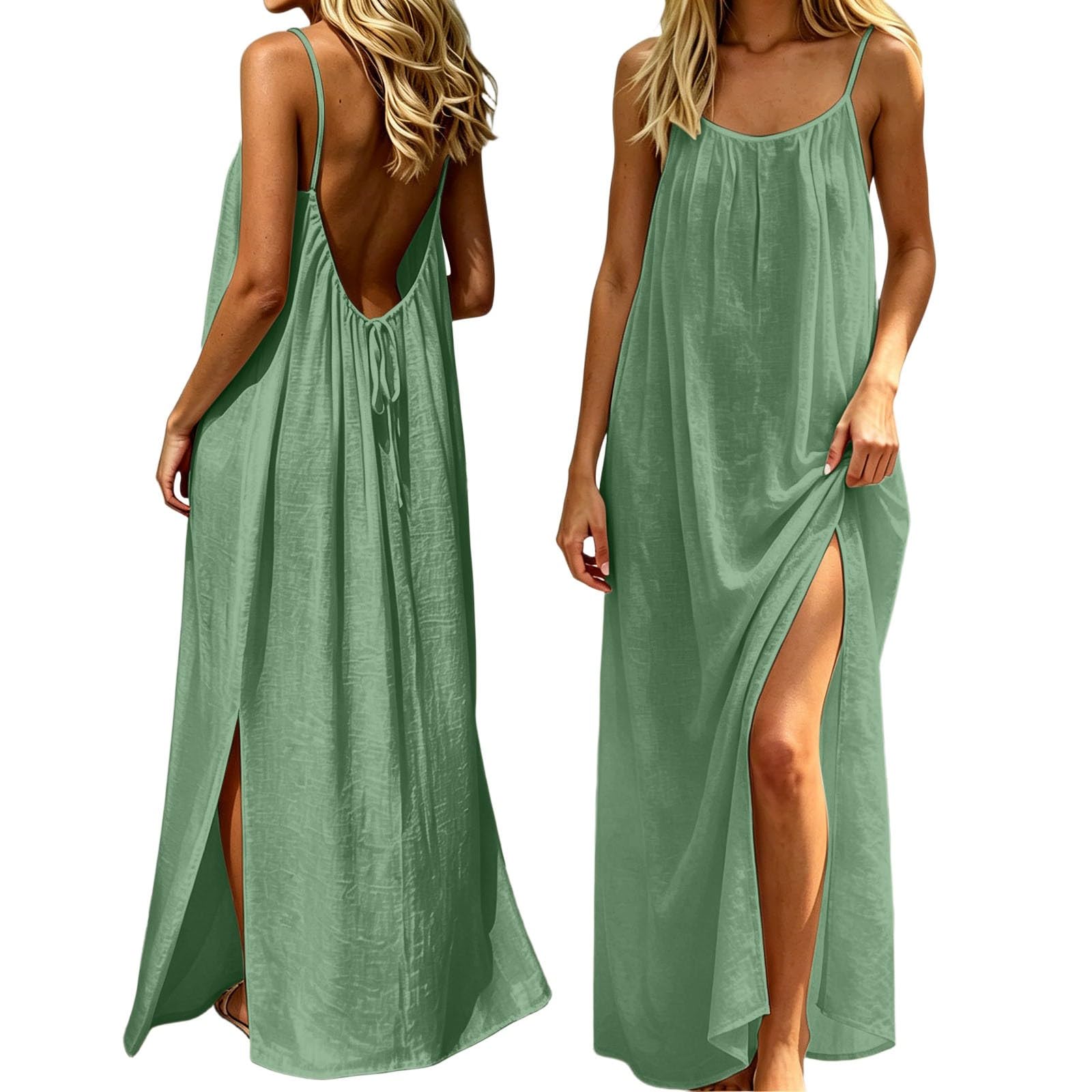 Abito da donna con schiena scoperta, in lino, con spalline sottili, senza maniche, estivo, elegante, casual, a tunica, tinta unita, leggero, maxi abito lungo