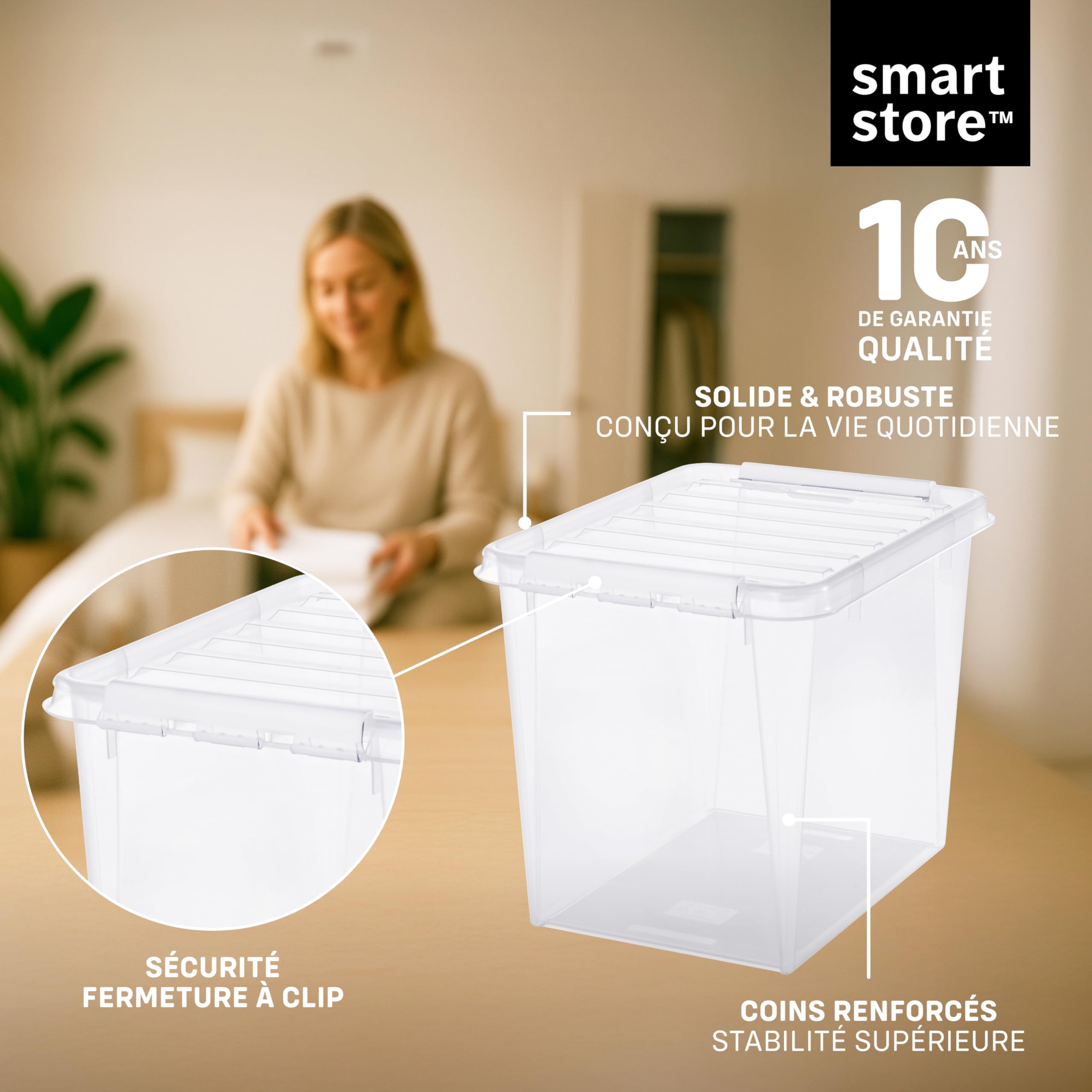 Boite rangement SmartStore Lot de 5 boites rangement plastique 52 l, bac plastique avec couvercle, verrouillables, empilables et emboîtables, sans BPA, 50 x 39 x 26 cm