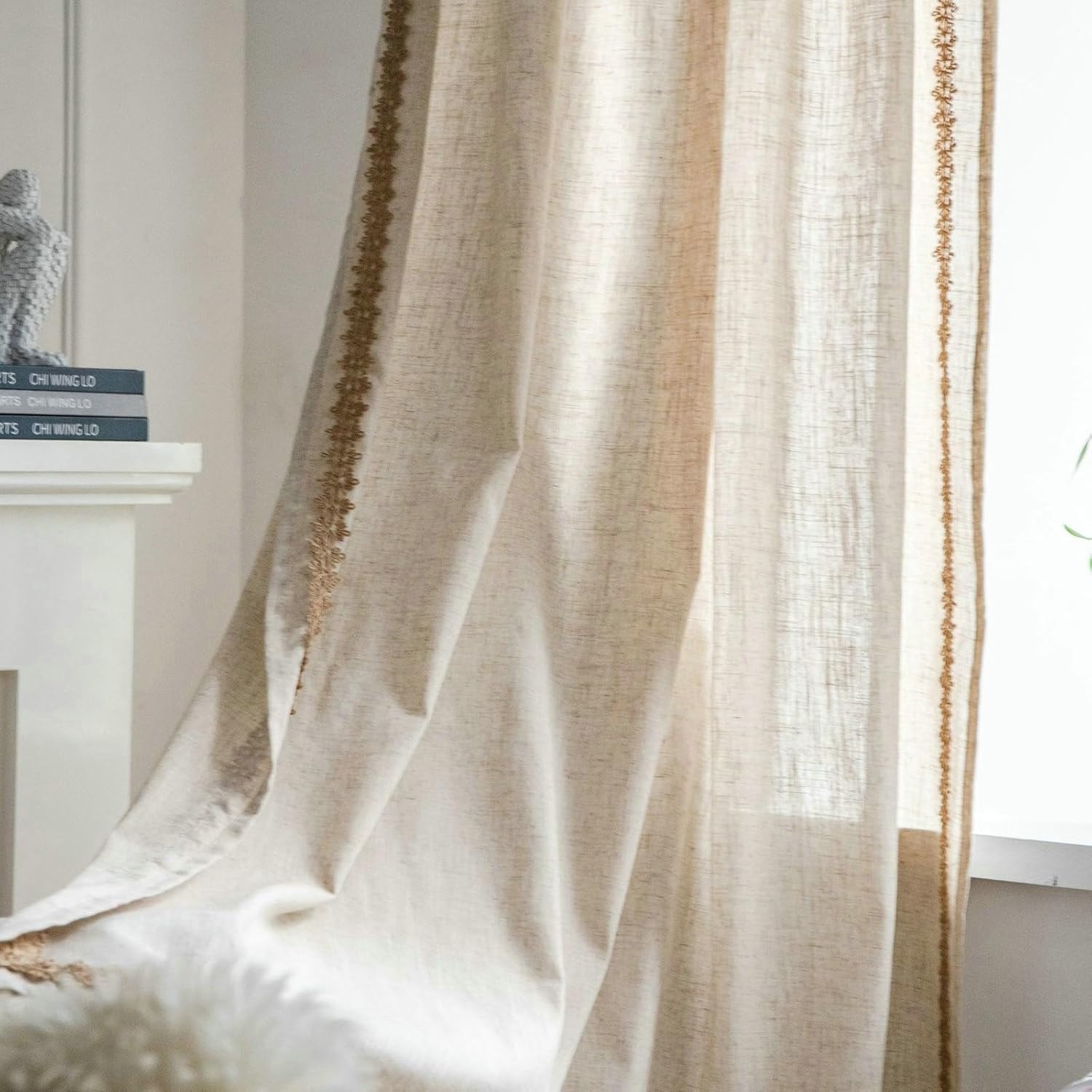 Daesar Semi Blackout Curtains 2 Panels Set, Polyester Linen Rod Pocket Window Curtains 55" W x 87" H Drapes Solid Color with Flower Border Beige Brown Blackout Curtains for Bedroom Living Room