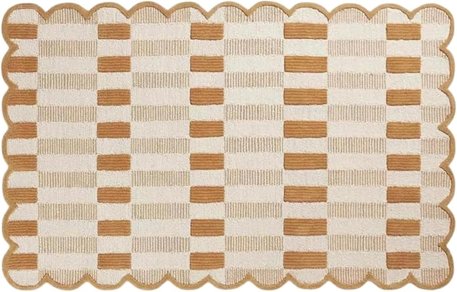 Handmade Scalloped Wool Area Rug - Modern Geometric Pattern, Green-Beige Stripes, Checkered Chevron Design - Soft, Durable Thick Carpet for Living Room, Bedroom (Green, 6' x 9')