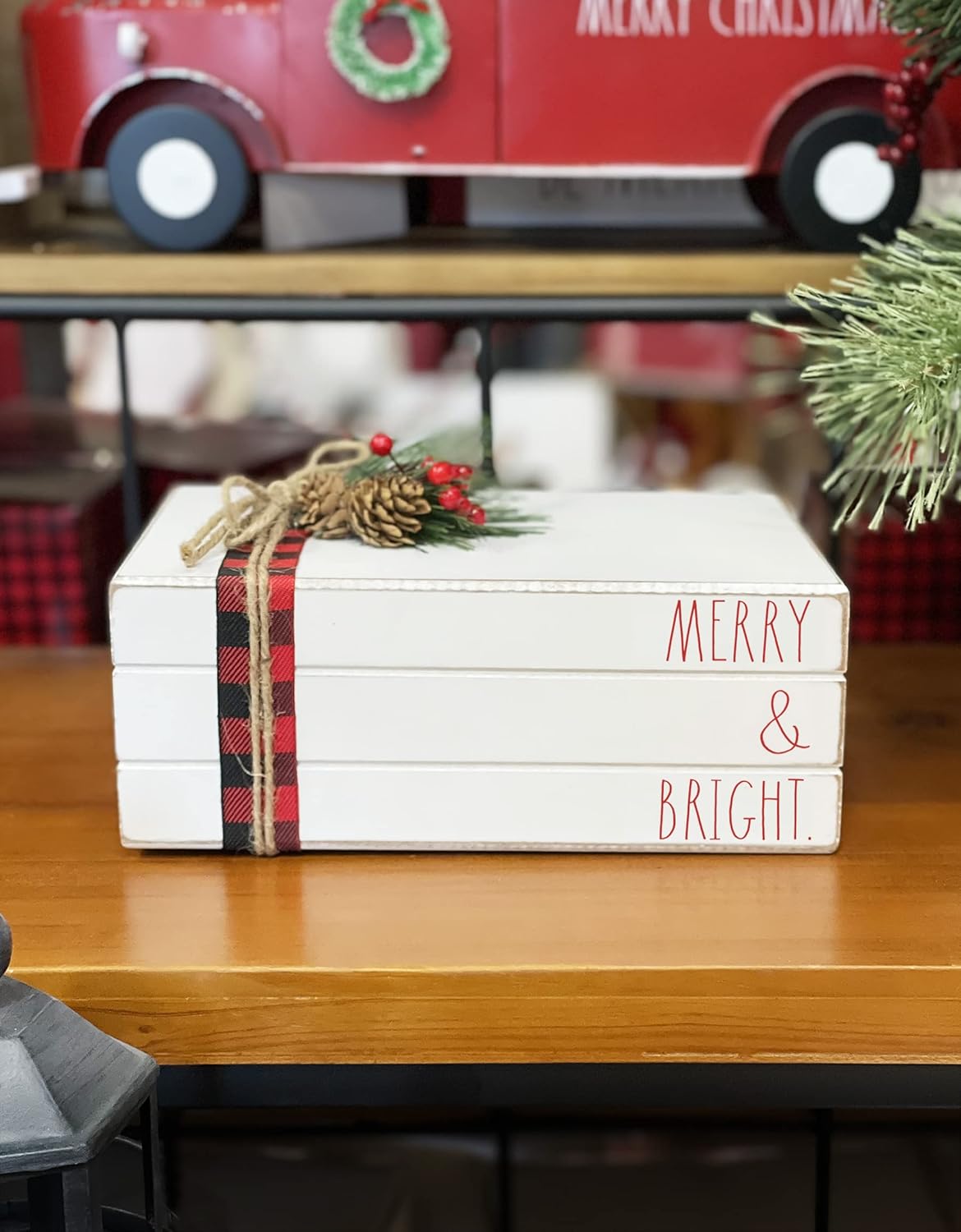 Rae Dunn Faux Decorative Books Xmas Bookend - White Distressed Wood Decoration for Vintage Holiday Décor, Antique Farmhouse Style Christmas - Book Ends, Book Shelf Decor, Door Stopper Merry & Bright
