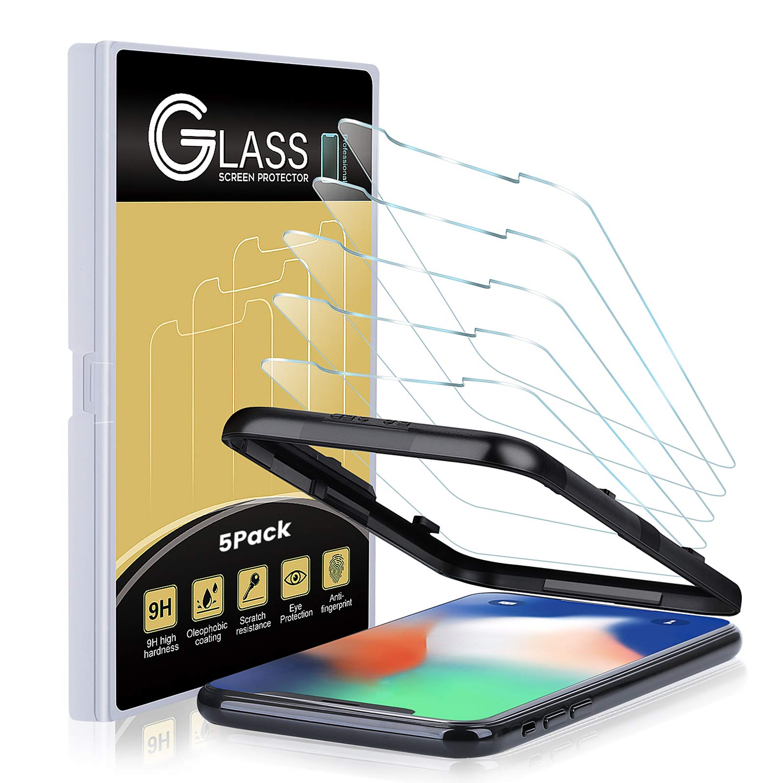 Aupek (5-Pack) Glass Screen Protector (5.8’’) for iPhone 11 Pro/iPhone Xs/iPhone X, Tempered Glass Film 9H Hardness/Anti-Scratch/Case-Friendly/Guidance frame Compatible iPhone 11 Pro/Xs/X - Clear