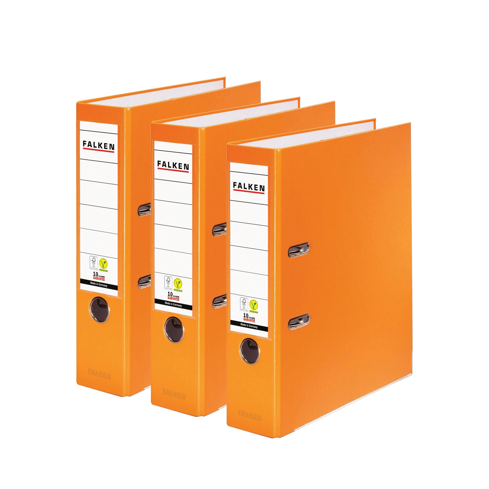 Original Falken Pack of 3 Polypropylene Colour Folders, Made in Germany, 8 cm Wide, DIN A4, Orange, Vegan Plastic Folder, Ring Binder, Letter Folder, Office Folder, Plastic Folder, Slotted Folder