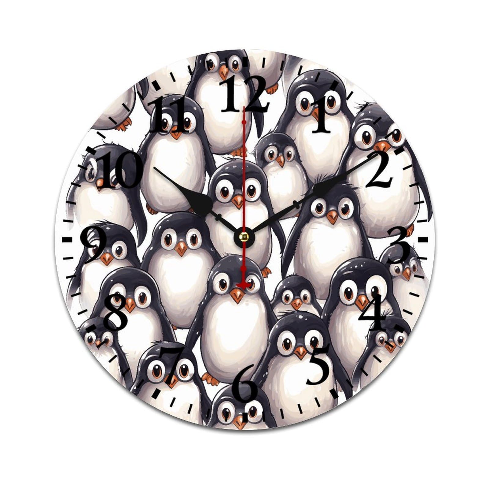 NTVOWPZO 10 Inch Wall Clock Wooden Cute Baby Penguins Sketch Battery Operated Wall Clocks Silent Non-Ticking Square Wall Clock for Living Room Kitchen Home Office Wall Decorative Clocks