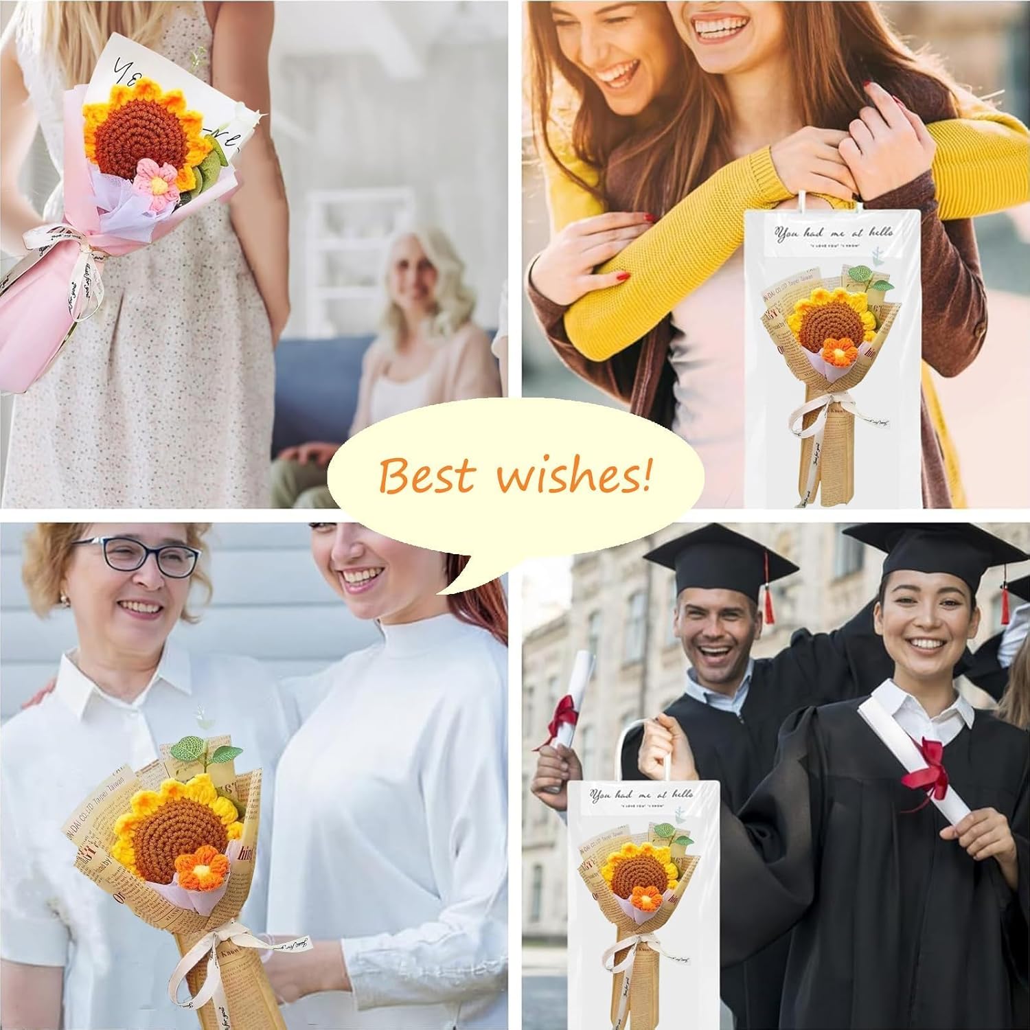 3pcs Cute Crochet Sunflower Bouquet, Knitted Flowers Bouquet, Knitted Sunflowers with Package Thank You Gift Card Gift for Mother Father Friend Birthday Teacher’s Day (3pcs Single Sunflower)