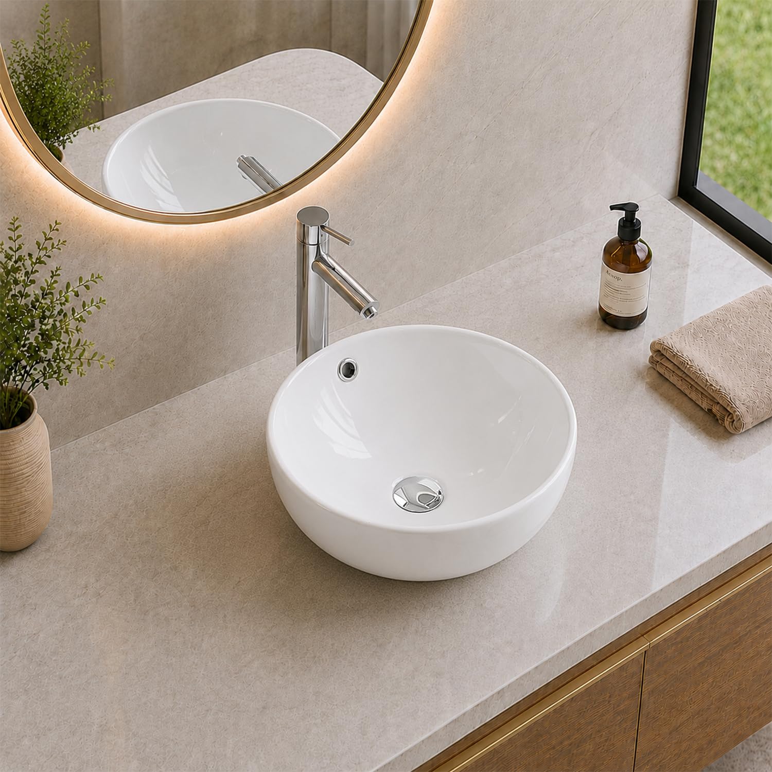 Belofay White Counter Top Bathroom Sink Basin – Modern Ceramic Wash Basin With Scratch-Resistant Gloss Surface – Sink Basins For Cloakroom,Vanity Cabinet And Bathrooms(Round With Over Flow)