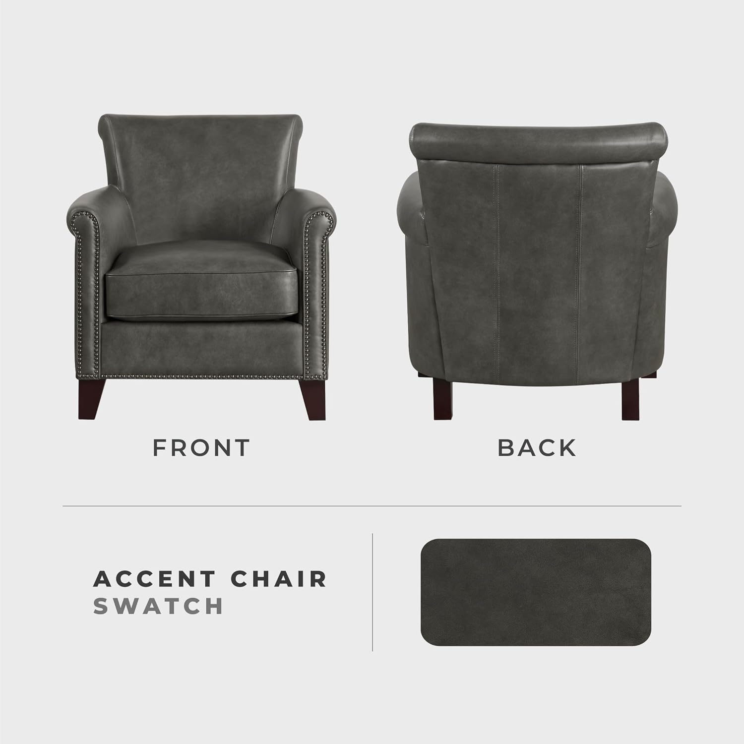Lexicon 100% Top Grain Genuine Leather Chair, Leather Accent Chairs for Living Room, Solid Wood Frame, Rolled Armrest & Nailhead Trim, Comfy Reading for Bedroom, Office, Waiting Room, Gray