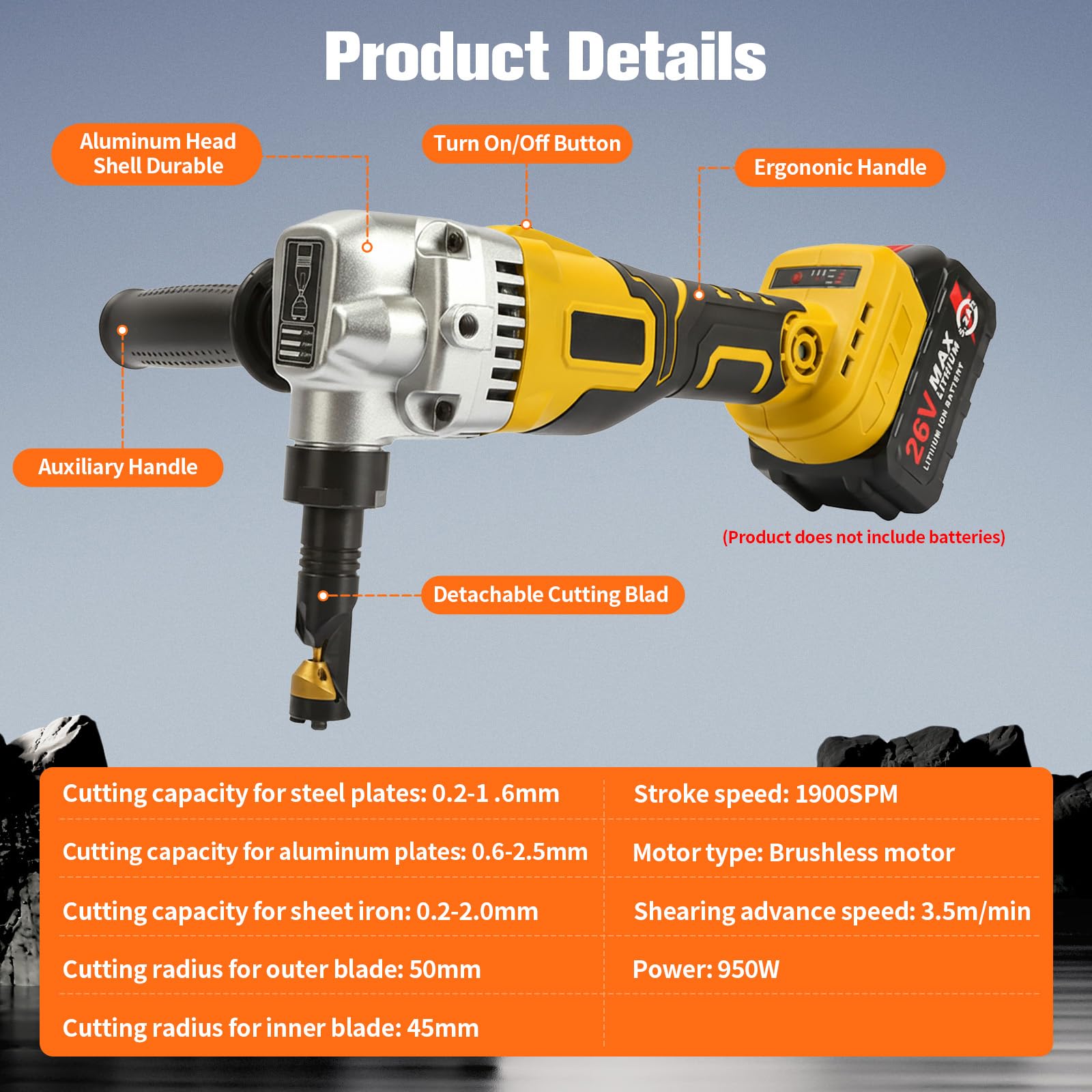 Grignoteuse de tôle compatible DeWalt 20 V, tête rotative 360°, 3 vitesses, moteur sans balais, acier inoxydable, aluminium