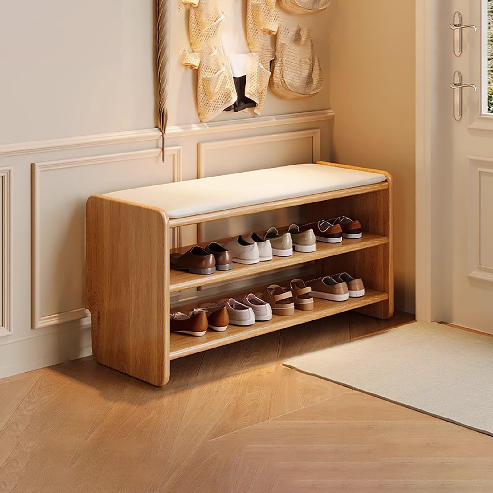 Étagère à chaussures en bois noble avec assise rembourrée au design élégant
