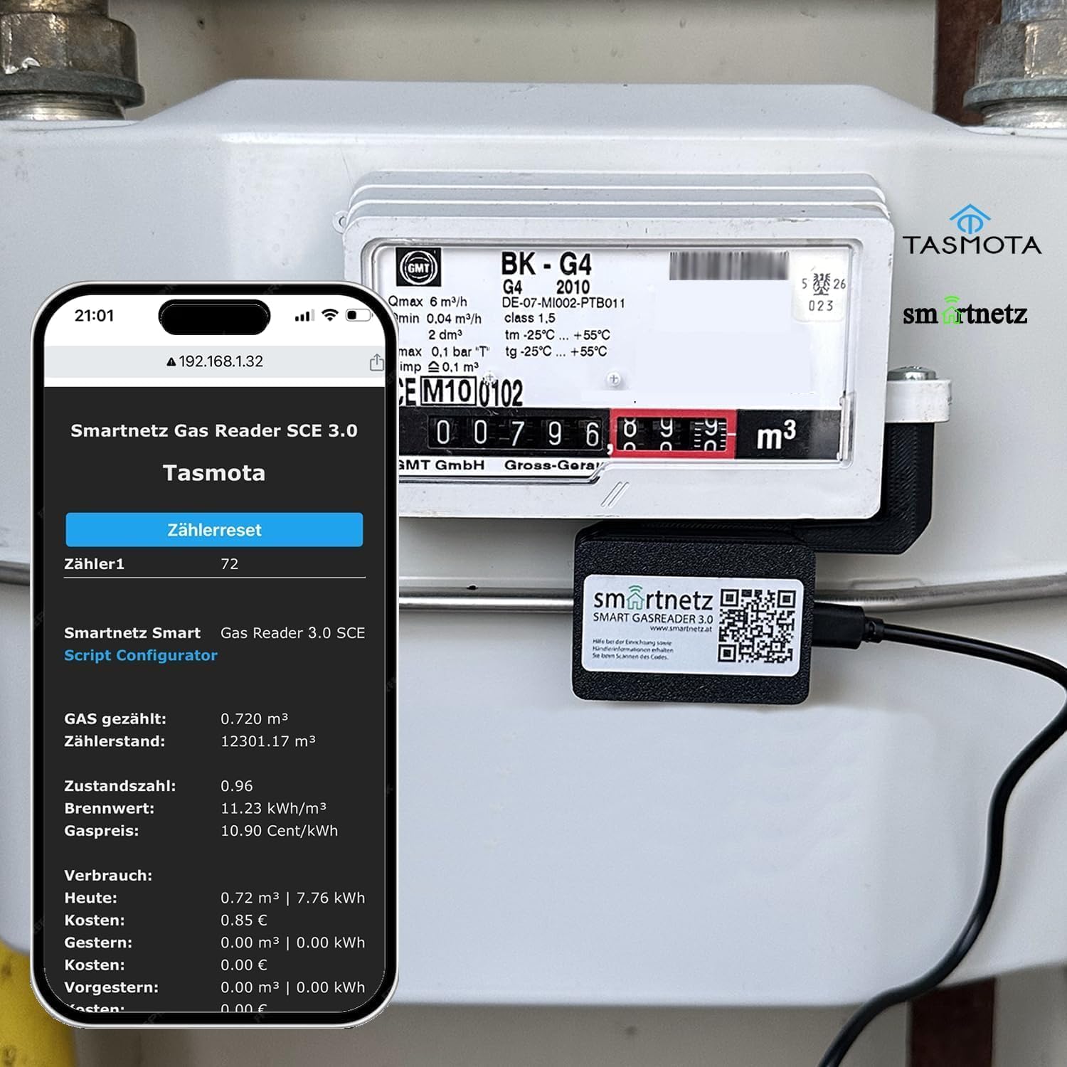 Gaszähler Reader – Gasverbrauch & Kosten live in der App – Plug & Play für BK Gaszähler – WLAN Smart Gas Meter