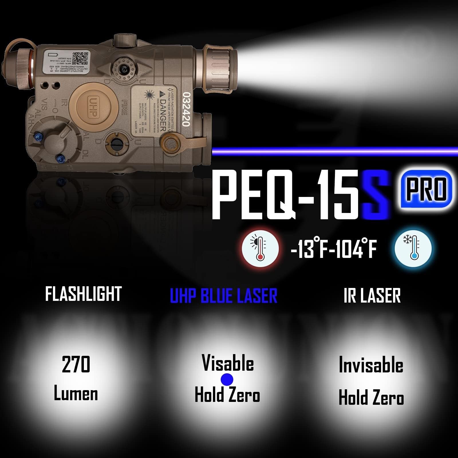 Airsoft PEQ-15S Pro UHP Visible Blue Laser + IR Laser + White LED Flashlight (Black)