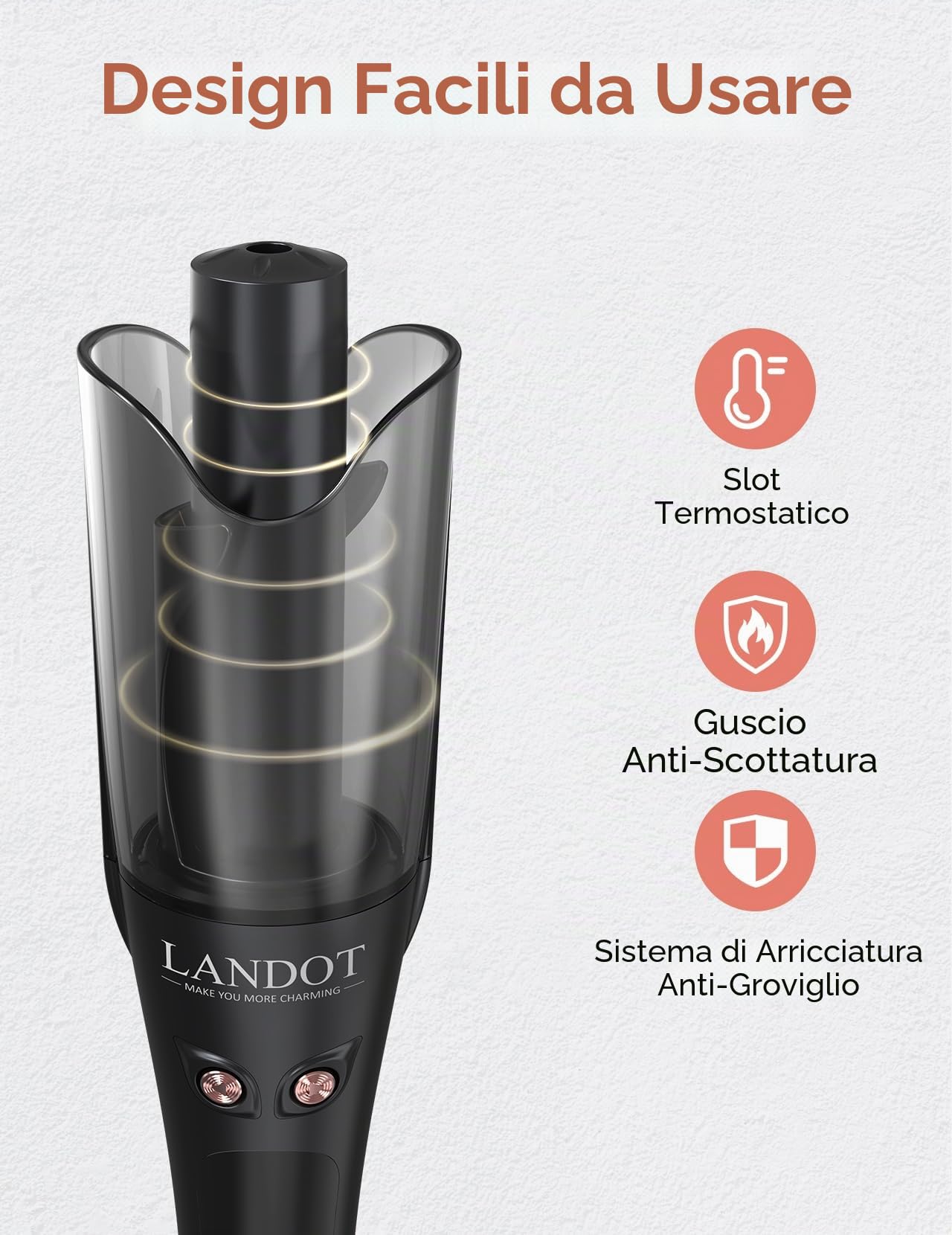 LANDOT Arricciacapelli Automatico Professionale 25mm - Look Mossi Facili, Anti-Scaldatura, 8 Temperature 150-220°C per Tutti i Capelli, Multi-Voltaggio, Nero