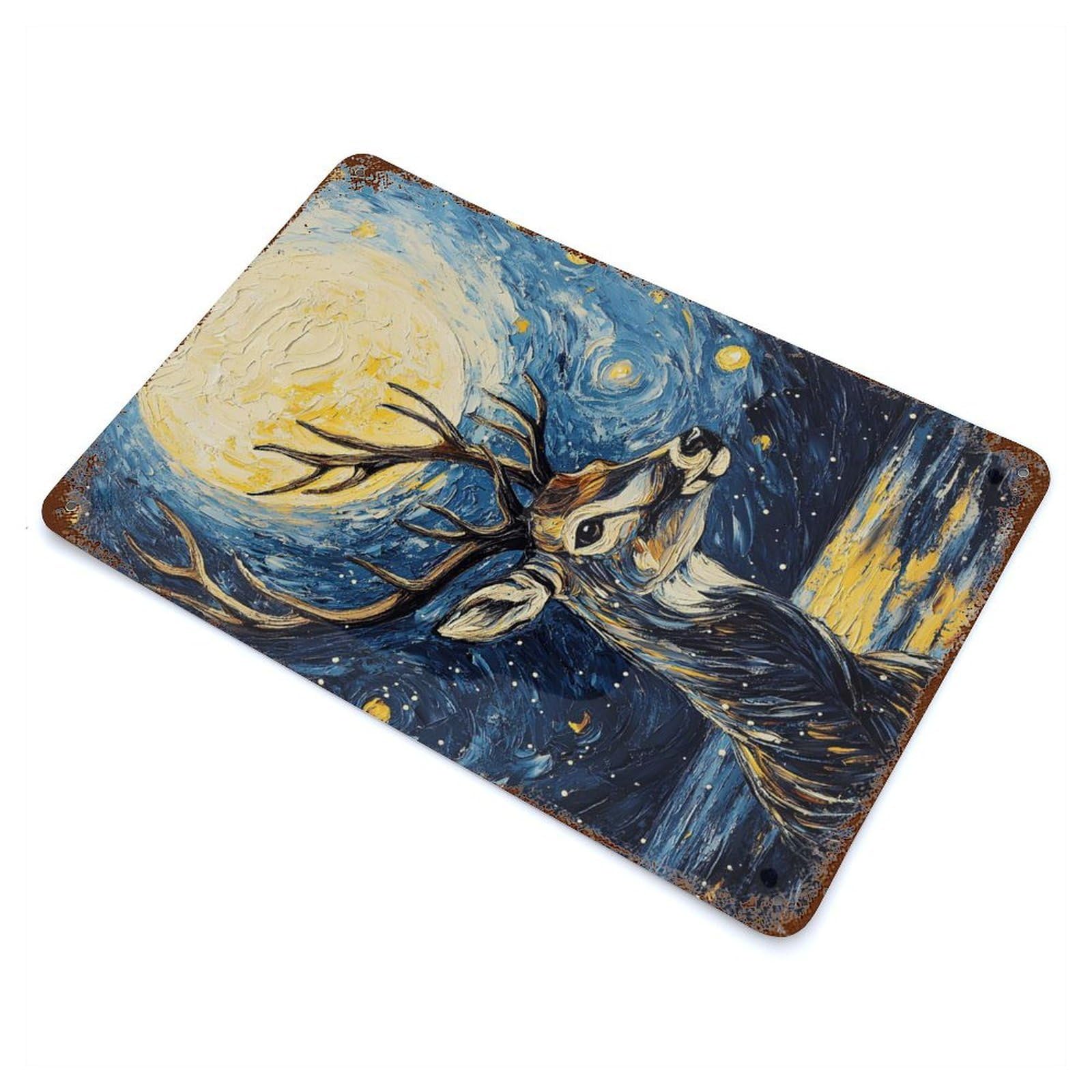 Garage Style Deer Under Starry Night Aged Metal Wall Plaque 11.8"x7.9", Farmhouse Wall Decor for Bar And Workshop
