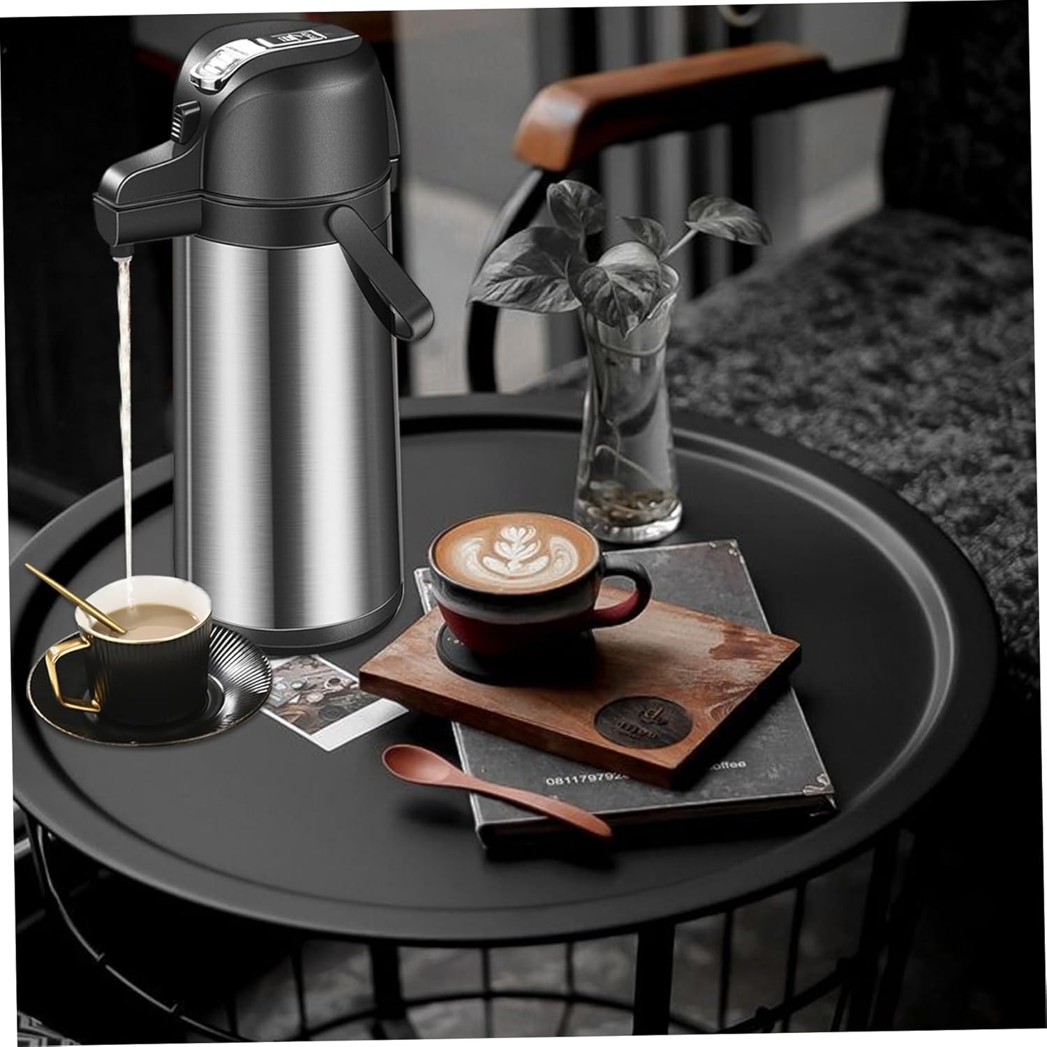 Coffee Dispenser with Pump 1.9L Insulated Hot Water Dispensers 360° Swivel Stainless Steel Coffee Carafe Double-Walled Hot Beverage Dispenser with Handle with Pump, Water Dis