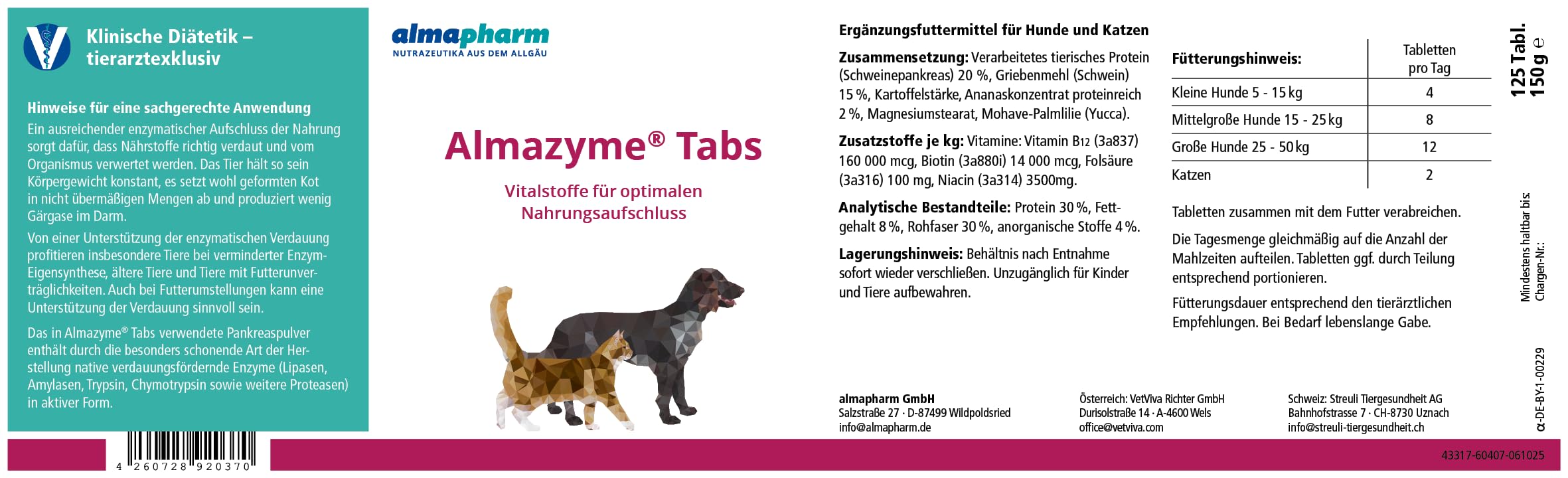 almapharm Almazyme | 125 Tabs | Ergänzungsfuttermittel für Hunde und Katzen | Bei unzureichender Verdauung | Bei exokriner Pankreasinsuffizienz
