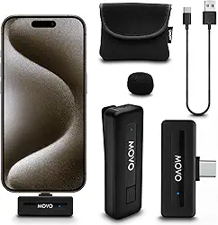 Movo Mini microfone sem fio USB-C sem fio para iPhone 15/16/17 - microfone compatível com Pro Max - vida útil da bateria de 10 horas, alcance de 50 metros